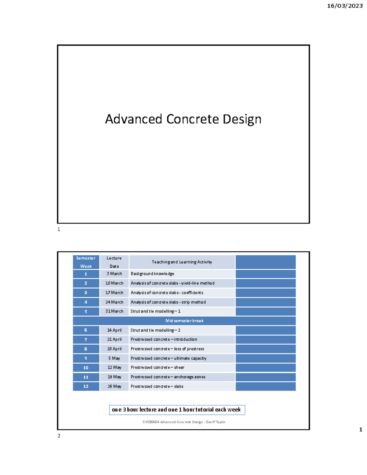 Advanced Concrete Design ATC716 Lecture Notes - Week 1 to 12 - Studocu