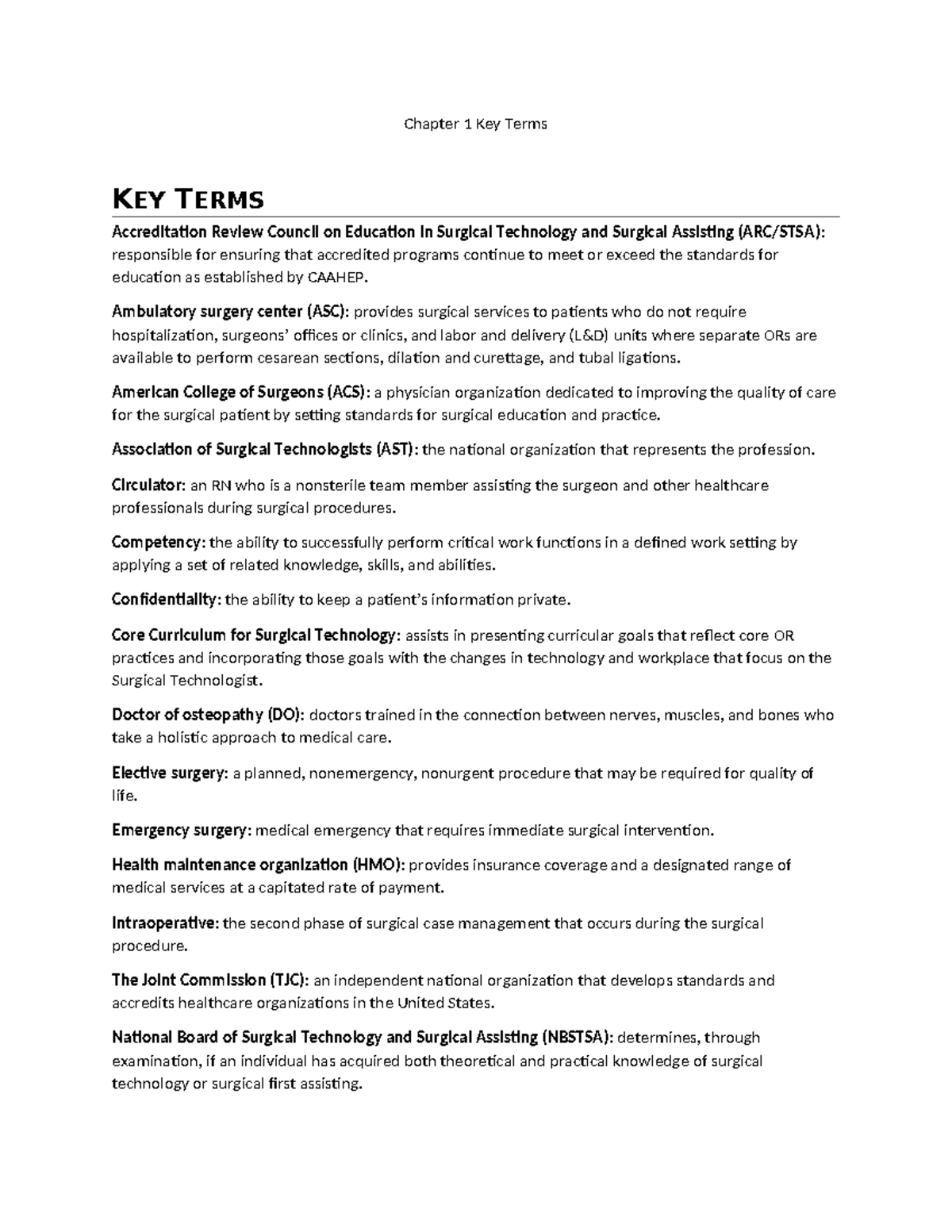 Key Terms for Surgical Technology (SURG101) - Chapter 1 Overview - Studocu