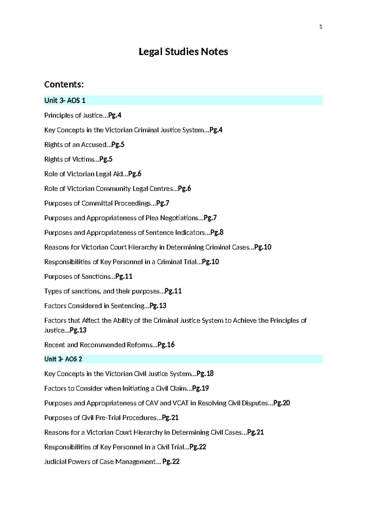 Legal Studies Notes: AOS 1 & AOS 2 Overview of Victorian Justice System ...