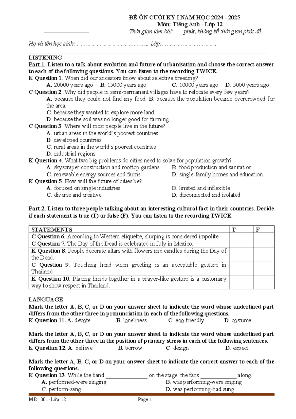 1ST TERM TEST - MĐ 121 - ENGLISH LANGUAGE EXAM QUESTIONS - Studocu