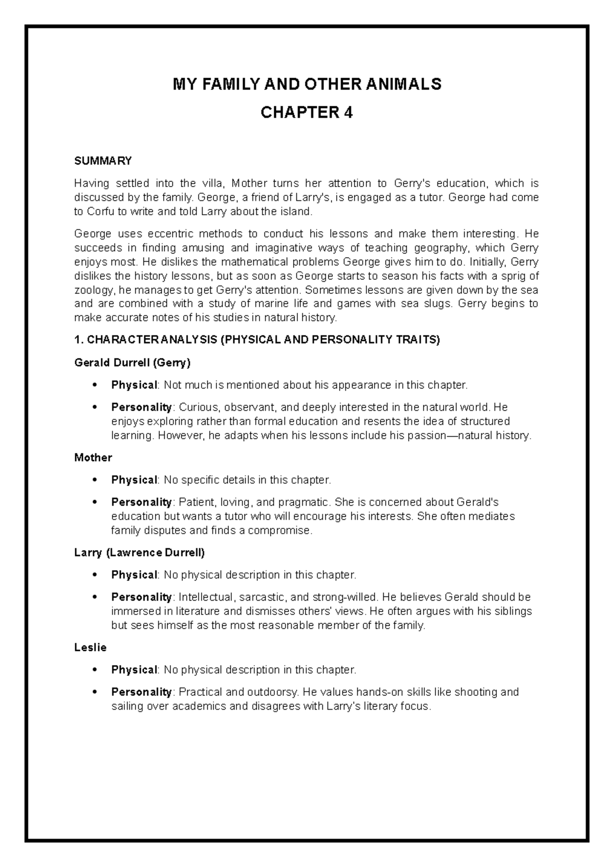 MY FAMILY AND OTHER ANIMALS (CH. 4) SUMMARY & WORKSHEET - Studocu