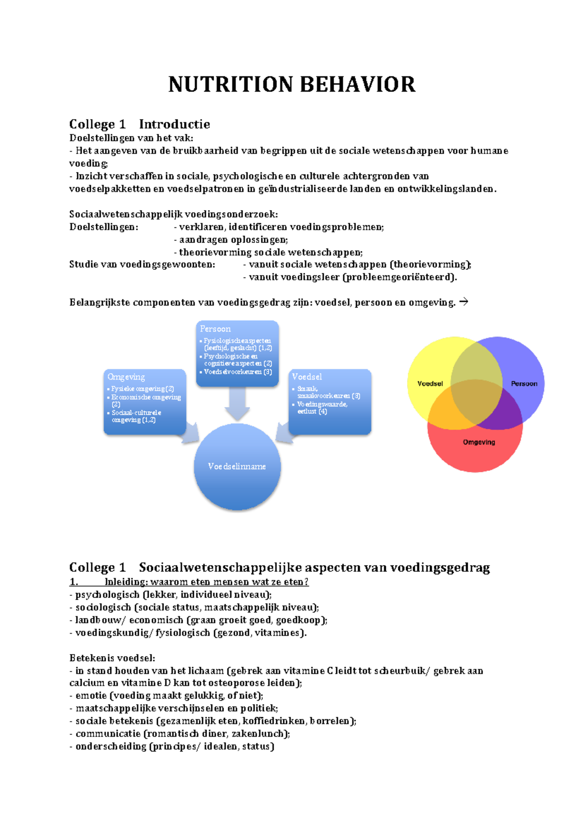 Samenvatting Colleges NUTRITION BEHAVIOR - Sociale en Psychologische ...
