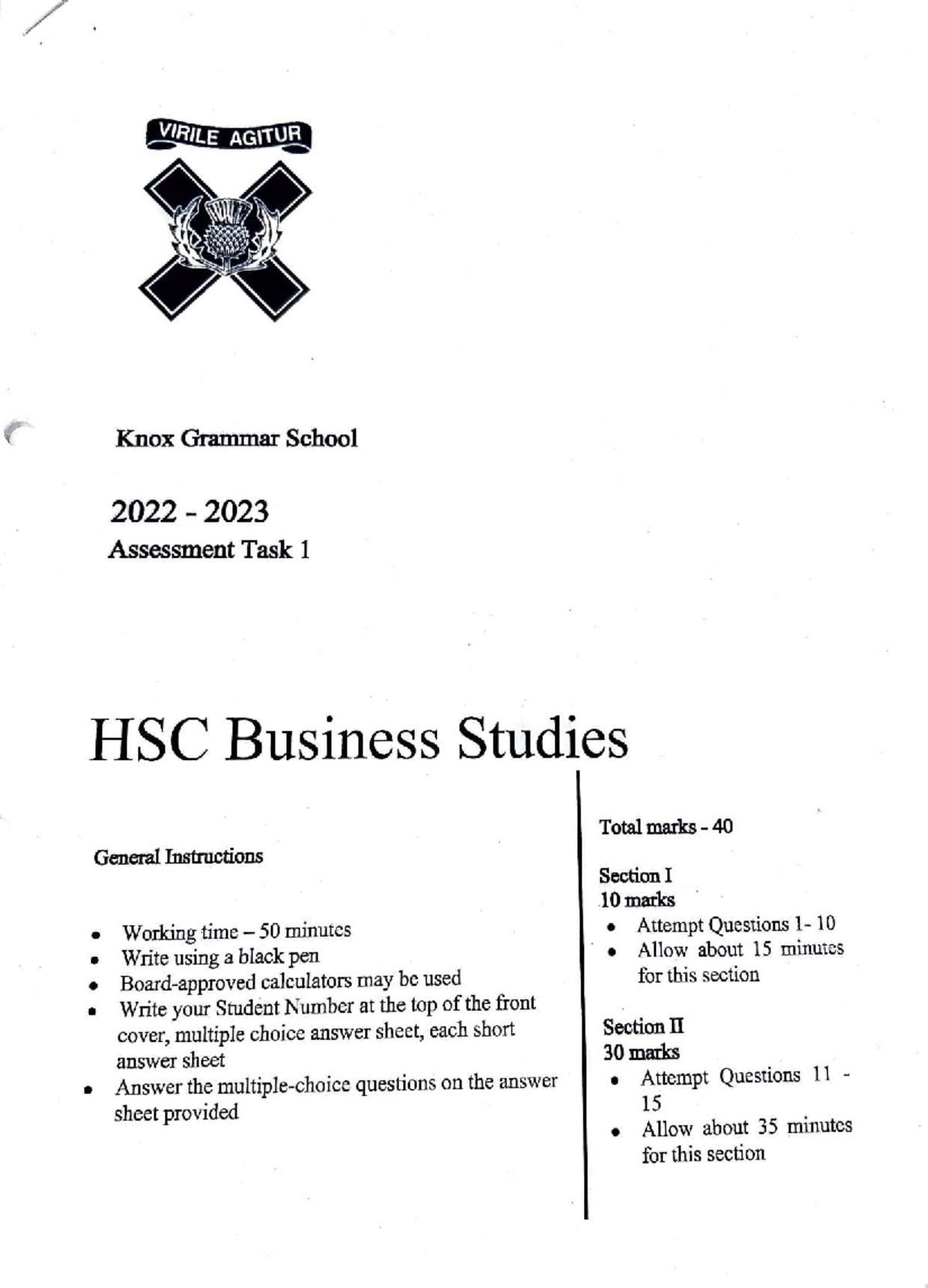 Knox Grammar School HSC Business Studies Assessment Task 1 2022-2023 ...