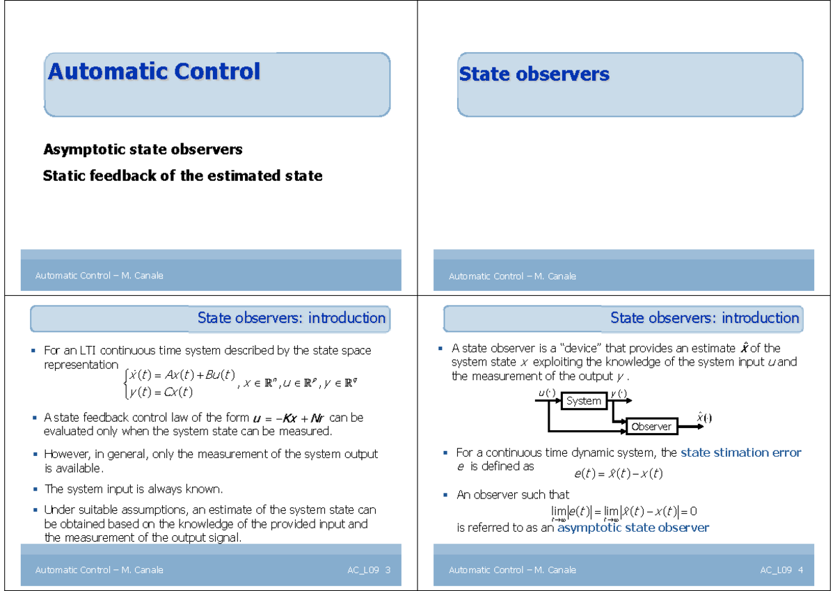 Automatic Control Notes: Asymptotic State Observers Review AC_L09 - Studocu