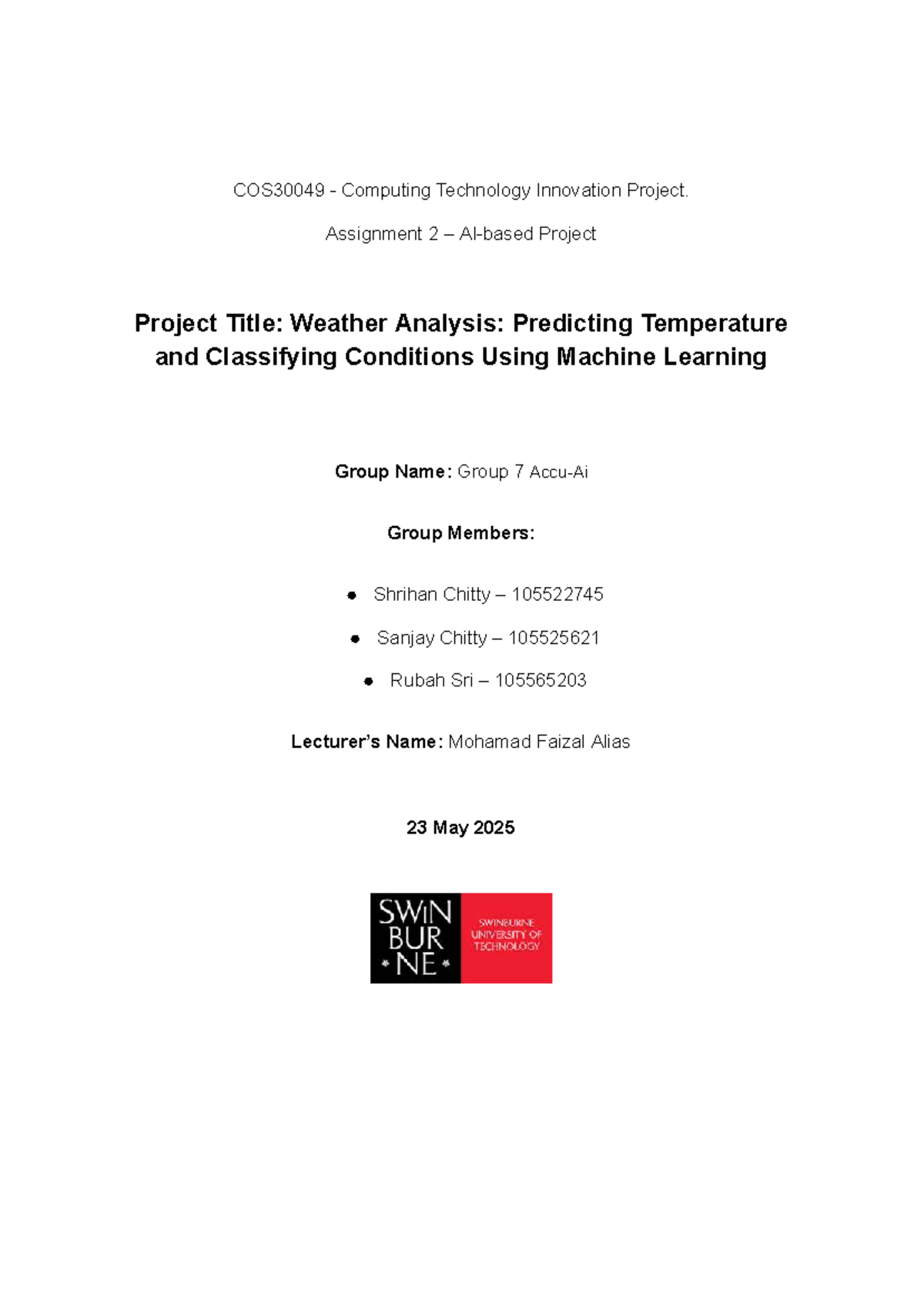 G7 COS30049 Assignment 2: Weather Analysis Using Machine Learning - Studocu