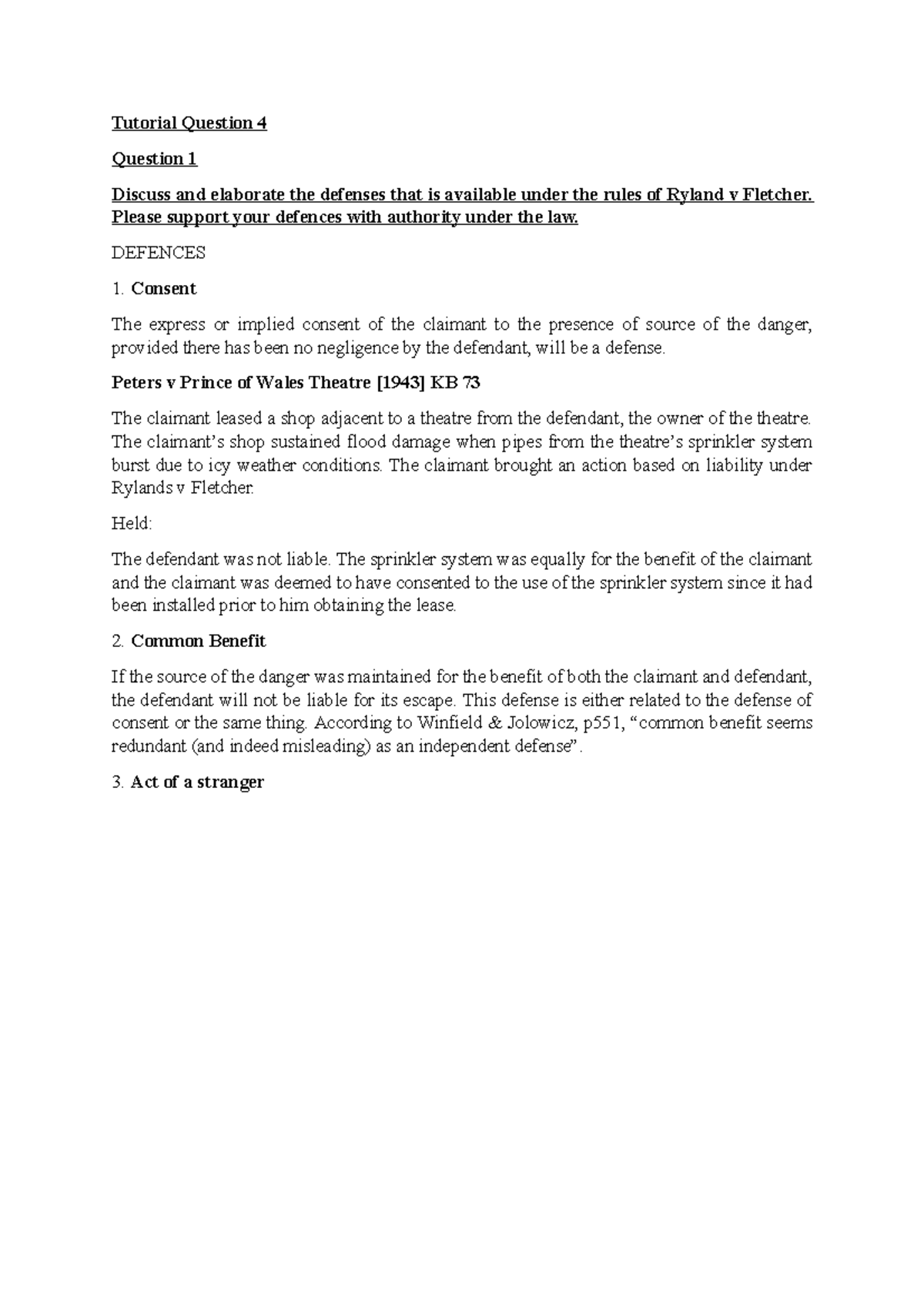 Tort Law 2 Tutorial 4: Defenses Under Rylands v Fletcher Explained ...