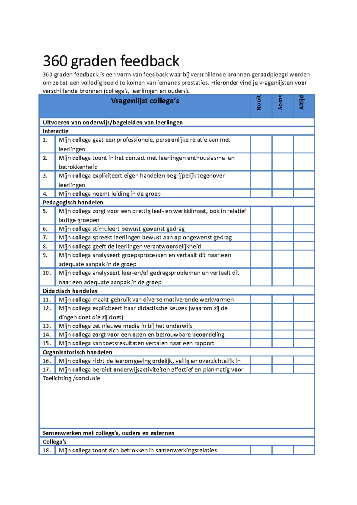Vragenlijst 360 Graden Feedback voor Collega's, Leerlingen en Ouders ...