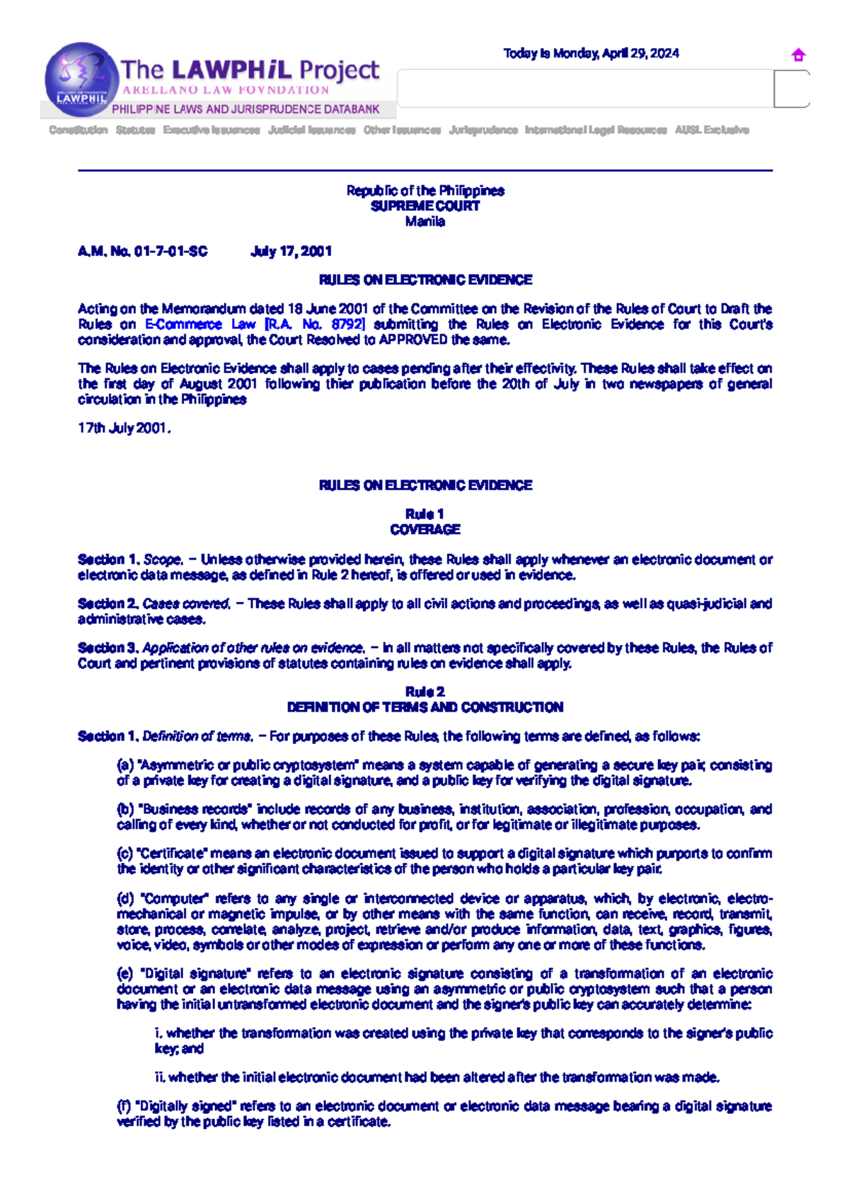 RULES ON ELECTRONIC EVIDENCE (A.M. No. 01-7-01-SC) - Studocu