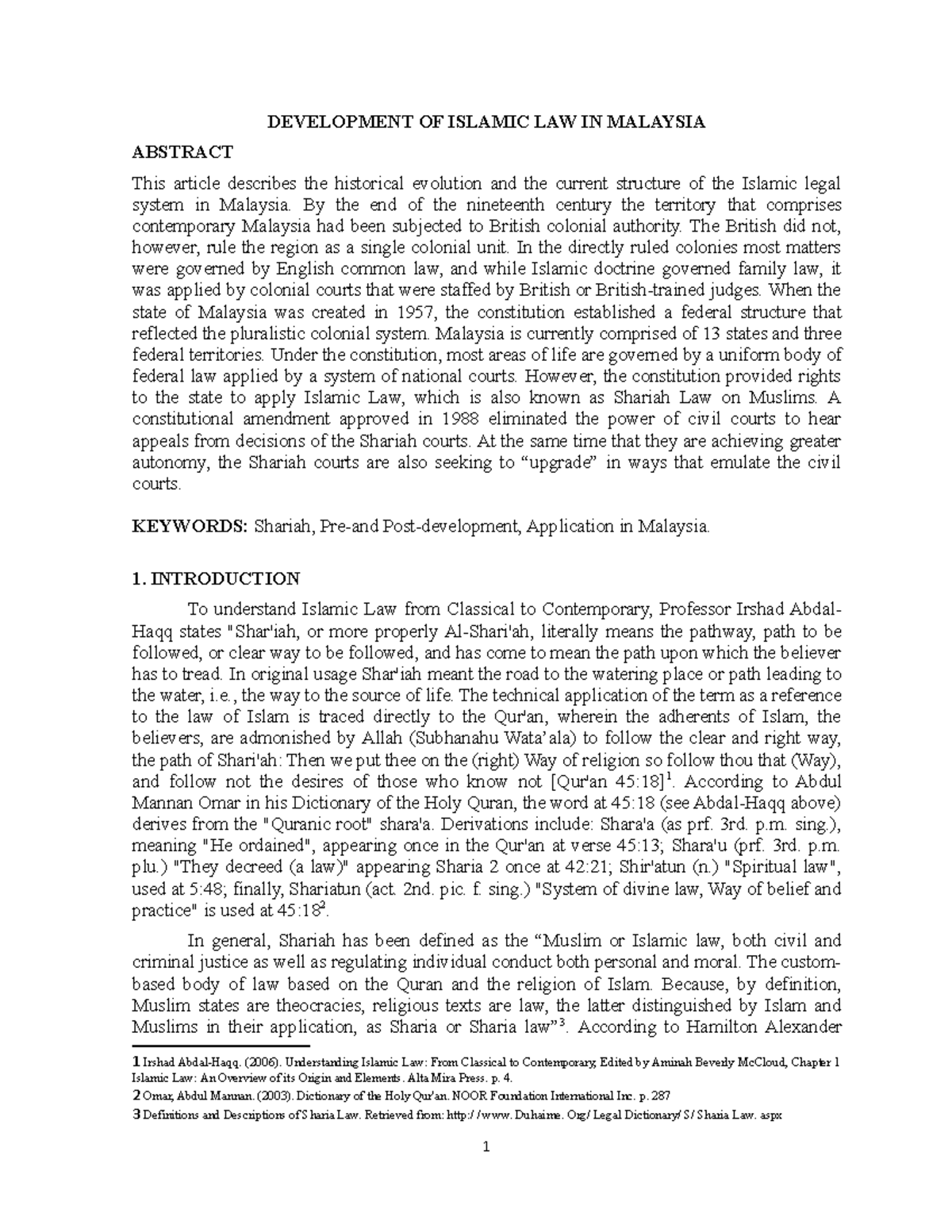 Assignment shariah - DEVELOPMENT OF ISLAMIC LAW IN MALAYSIA ABSTRACT ...