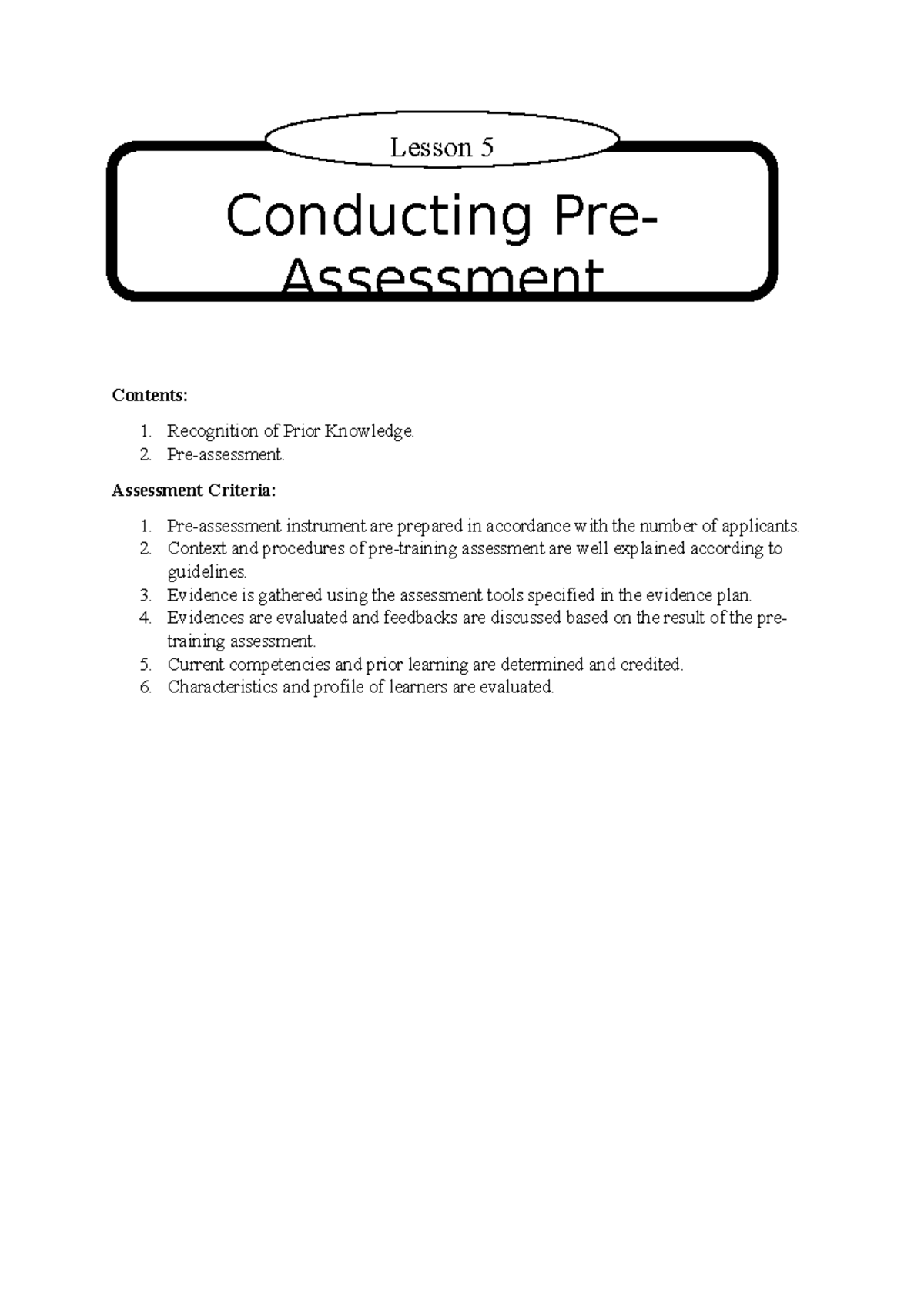 Lesson 5: Conducting Pre-Assessment and Recognition of Prior Learning ...