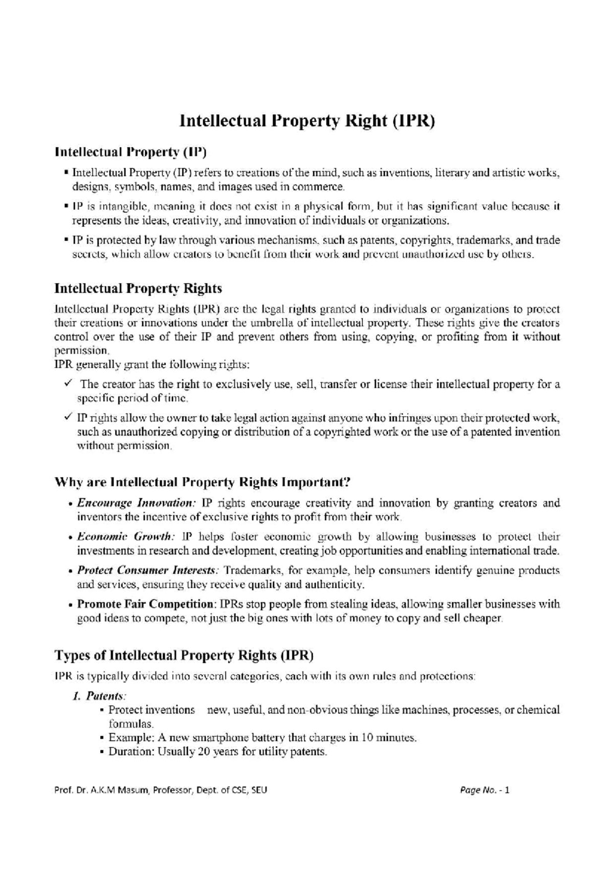 IPR Overview and Importance: Notes for Students - CSE 101 - Studocu