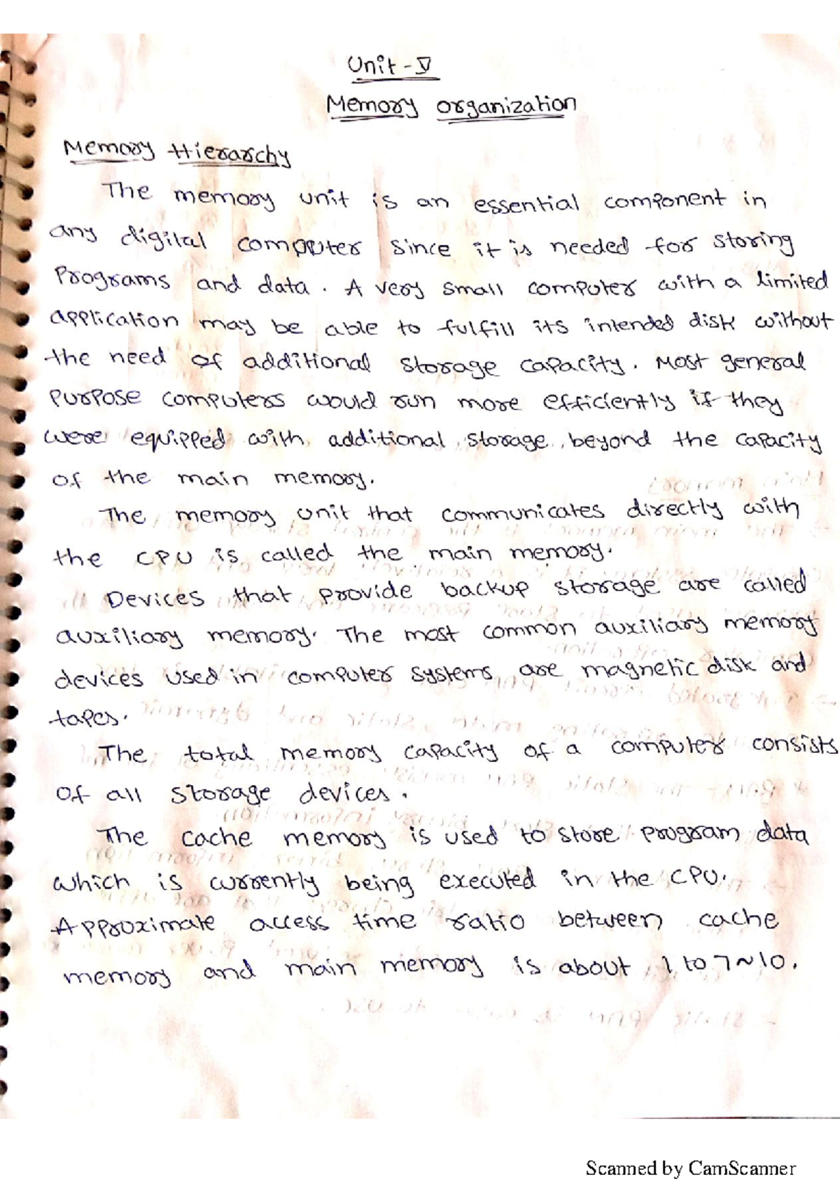 COA 5th Unit Notes: Memory Organization and Hierarchy Overview - Studocu