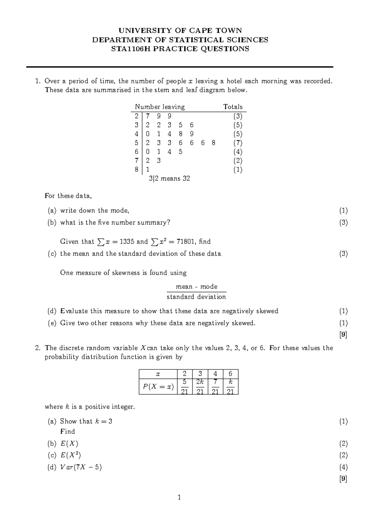 STA1106H - Test 1 Practice Questions & Solutions 2024 - Studocu