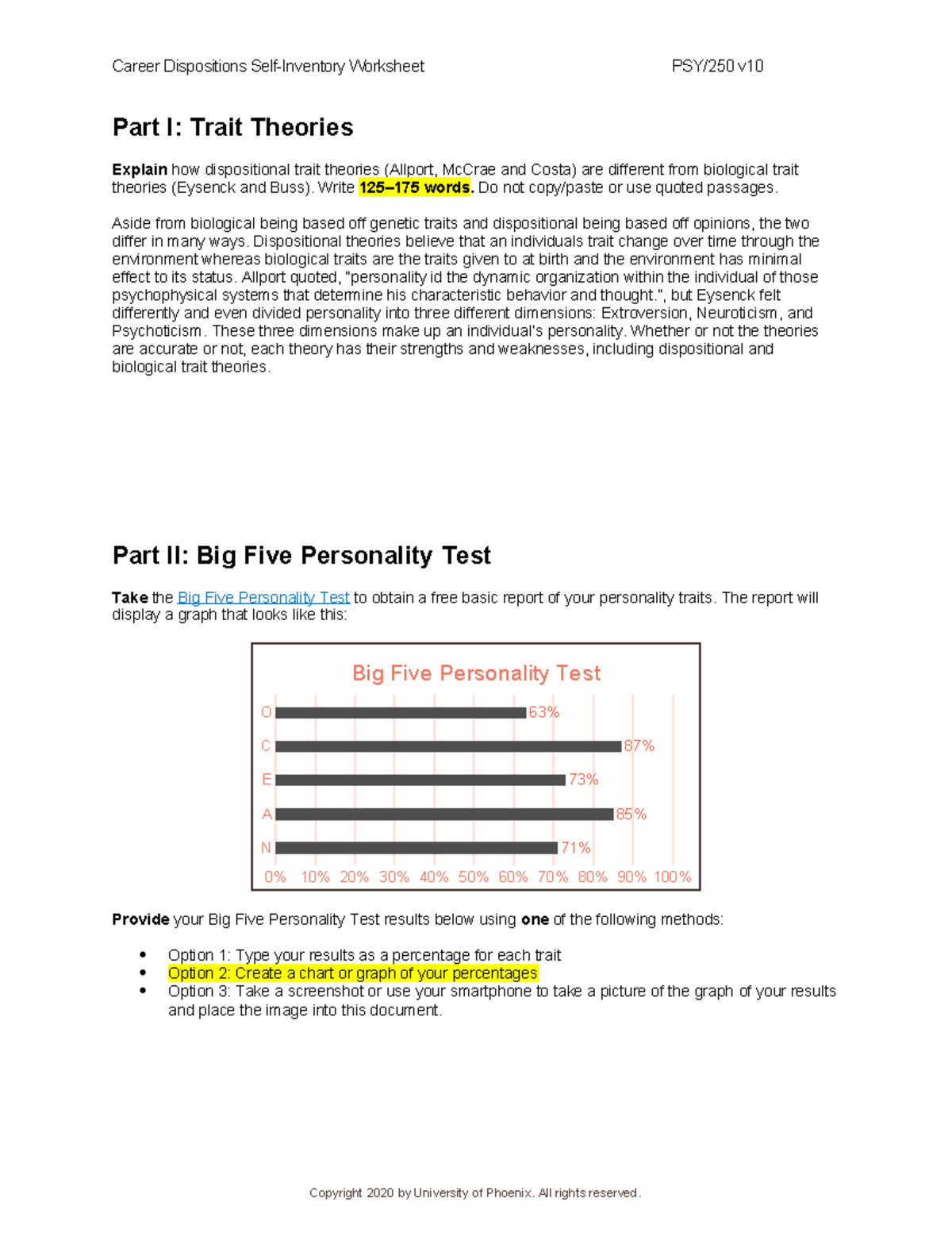 Career Dispositions Self-Inventory Worksheet: Trait Theories & Big Five ...