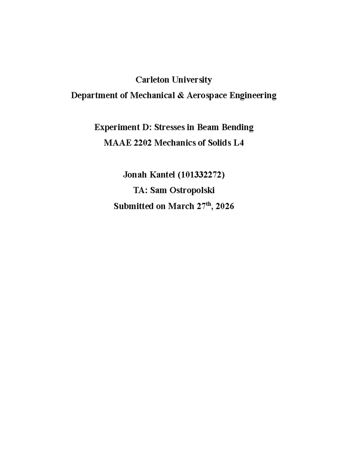 MAAE 2202 Lab 4: Beam Bending Stress Analysis Experiment - Studocu