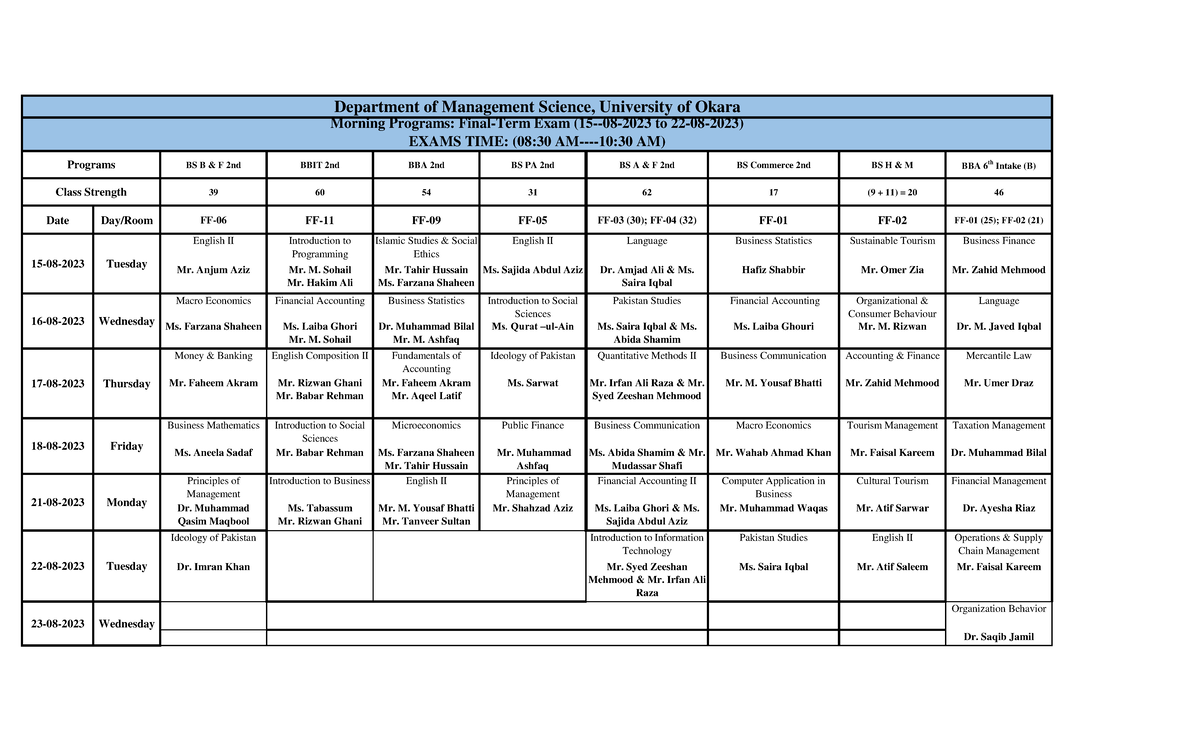 Final Term Exam Schedule for BS & BBA Programs (Morning) - Studocu