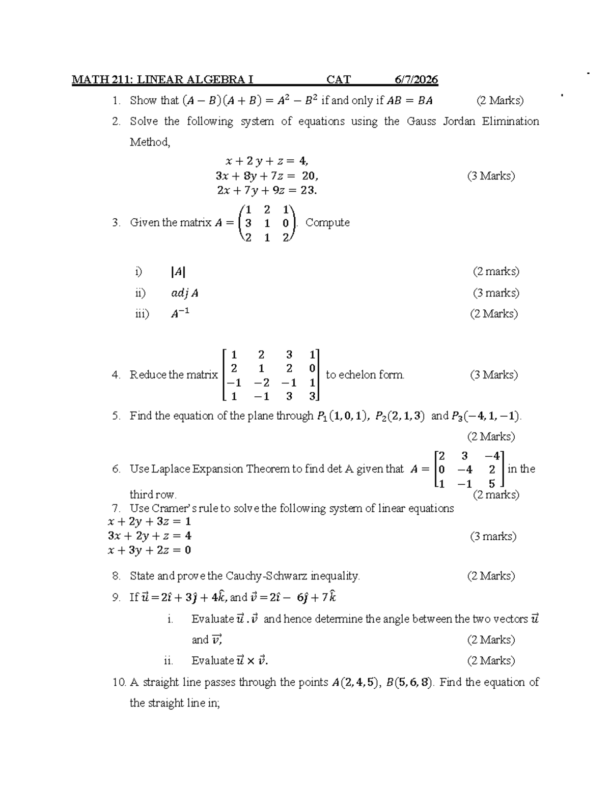 MATH 211: LINEAR ALGEBRA I CAT 2026 M-A Tutorial Exercises - Studocu