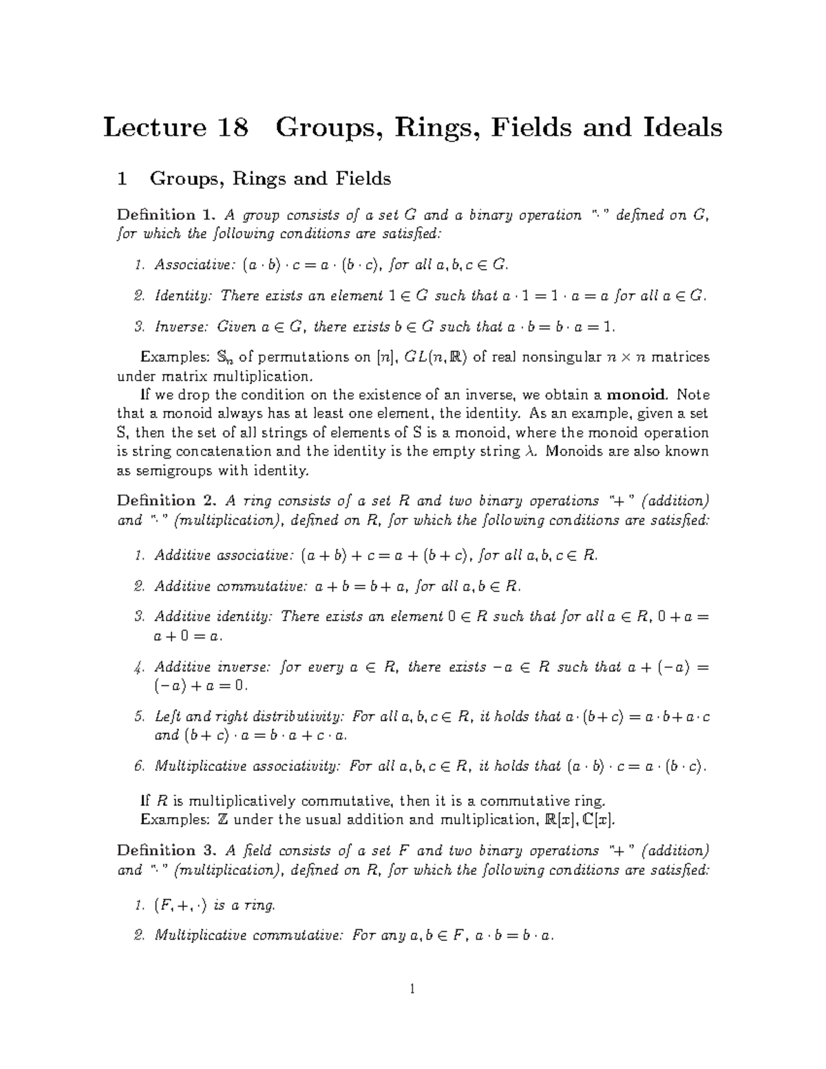 Lecture 18 - Tài liệu học - Lecture 18 Groups, Rings, Fields and Ideals ...