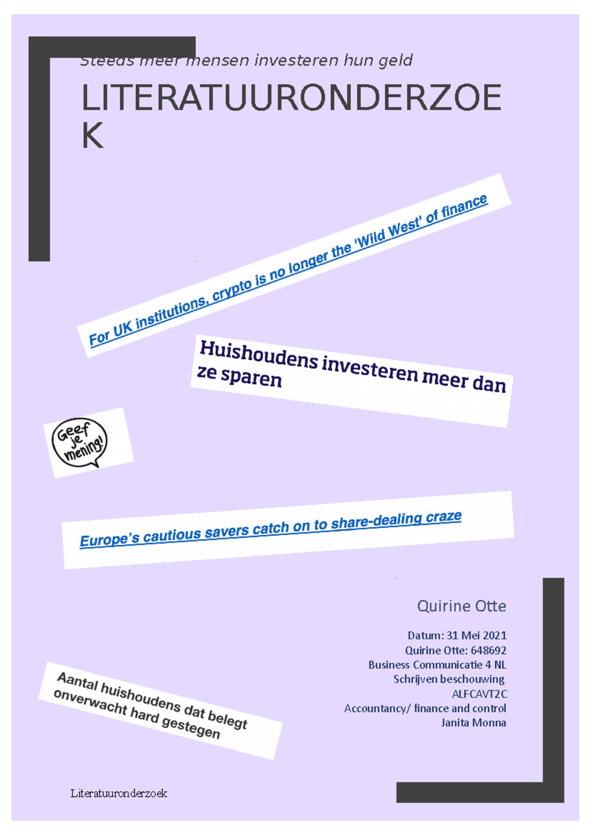 Literatuuronderzoek over Investeren in Cryptovaluta - ALFCAVT2C -  Studeersnel