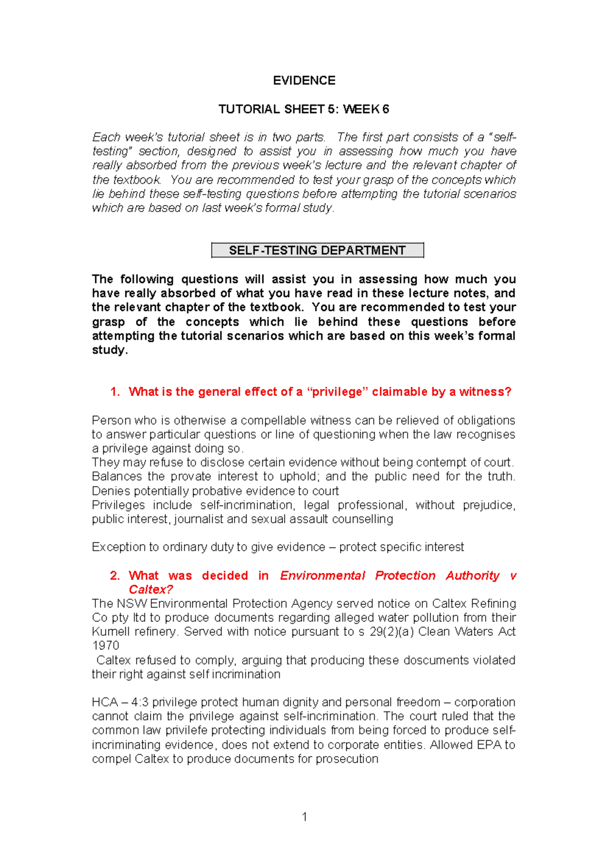 Tute 5 - Week 6: Legal Privilege Tutorial Questions - Studocu