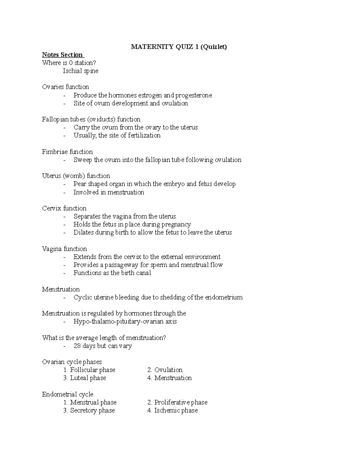 Maternity QUIZ 1 Study Notes and Key Concepts - Studocu