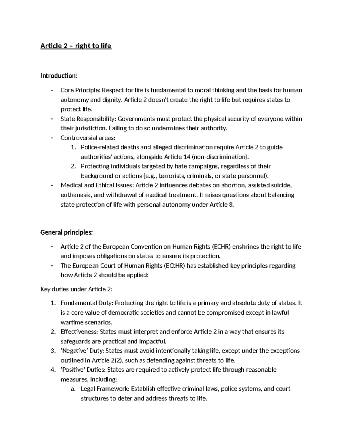 Article 2 ECHR: Right to Life, State Duties & Ethical Challenges - Studocu
