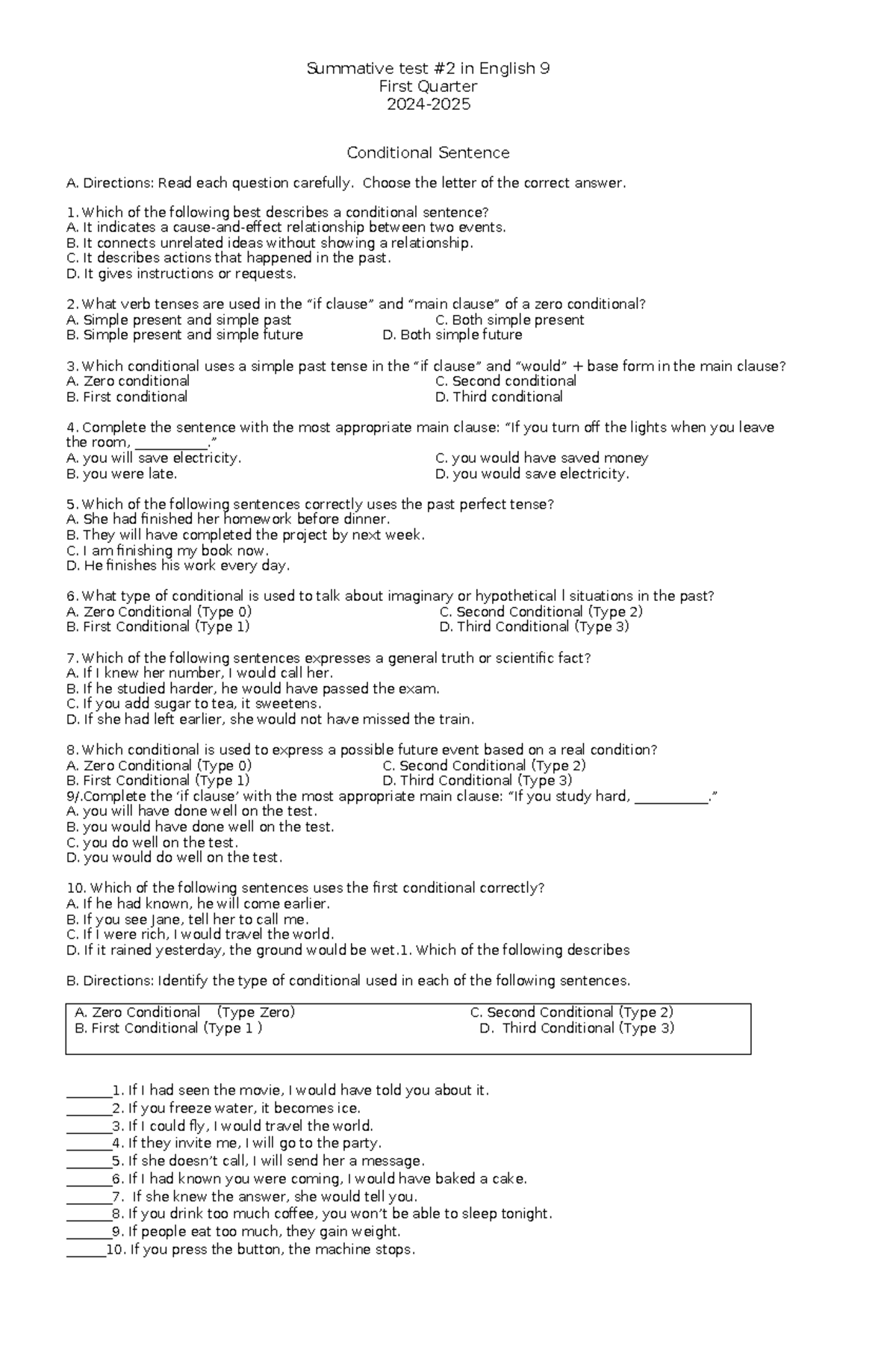 Conditional Sentences: Summative Test #2 for English 9 (2024) - Studocu
