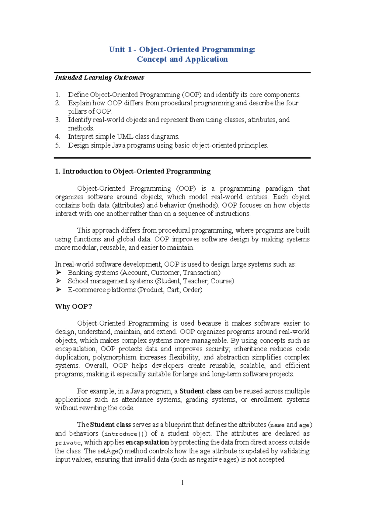 Unit 1: OOP Concepts & Applications - Learning Outcomes and Examples ...