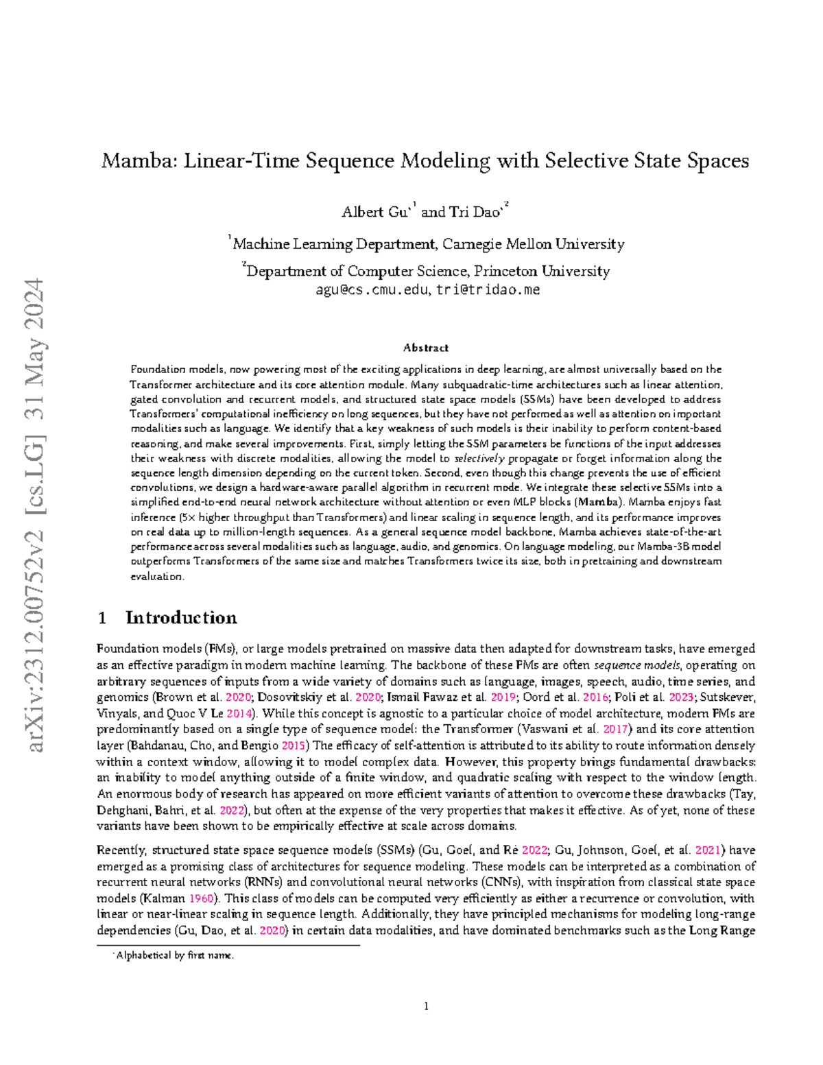 Mamba: Linear-Time Sequence Modeling with Selective State Spaces (ML ...