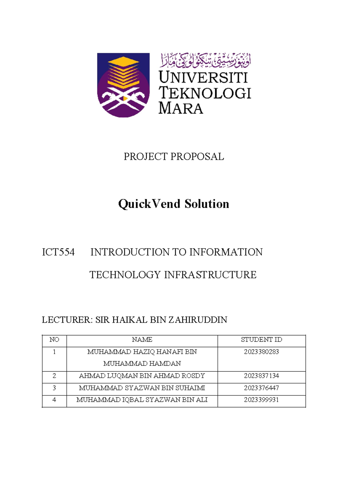 Project Proposal ICT554 - Introduction To Information Technology ...