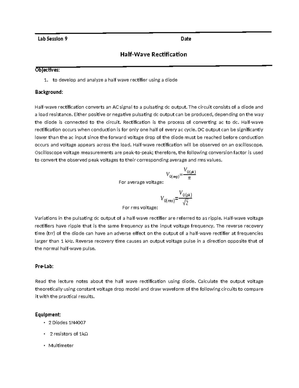 LAB No. 9 - Half-Wave Rectification and Diode Analysis - Studocu