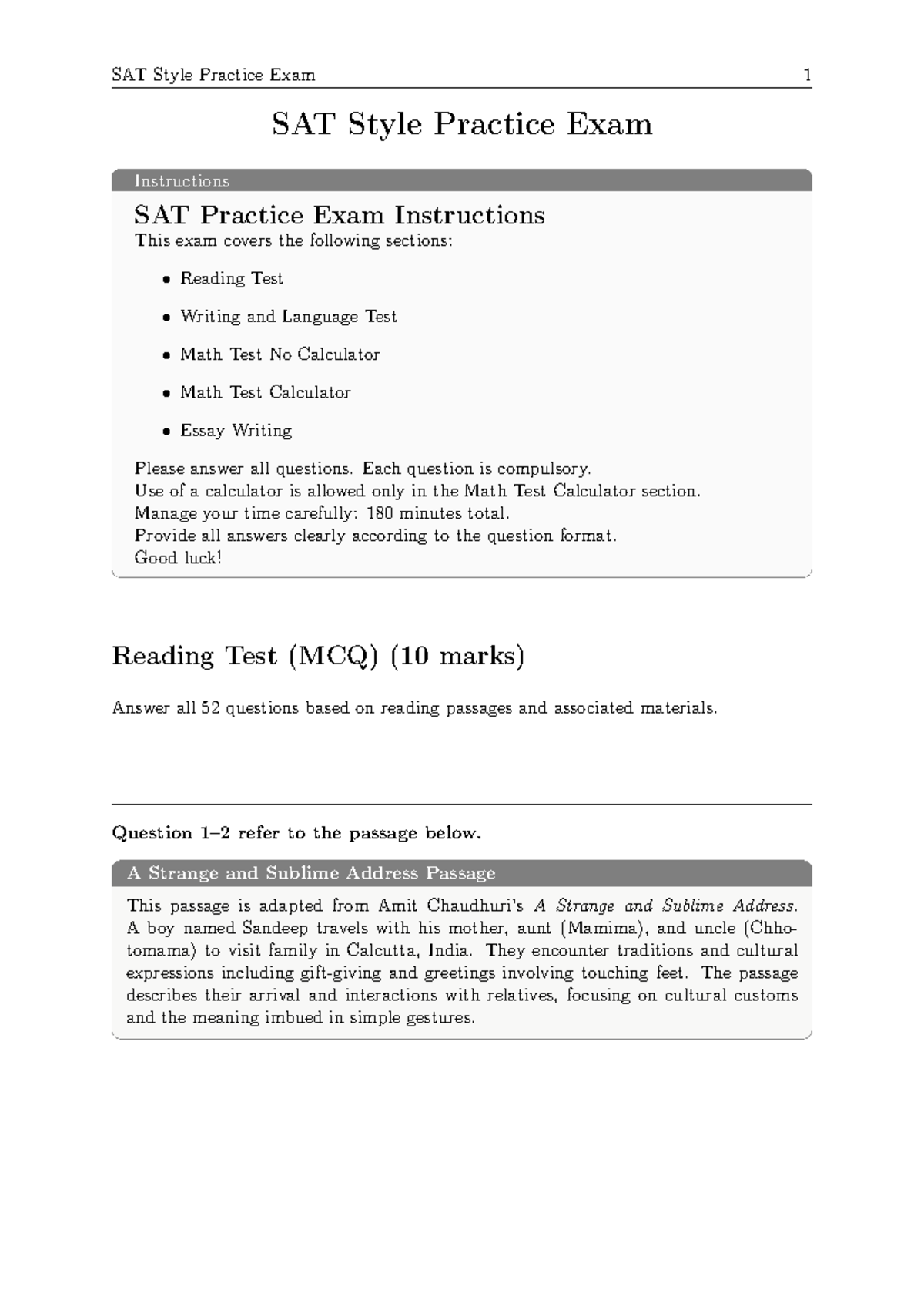 SAT Style Practice Exam: Pre-SAT Questions and Instructions - Studocu