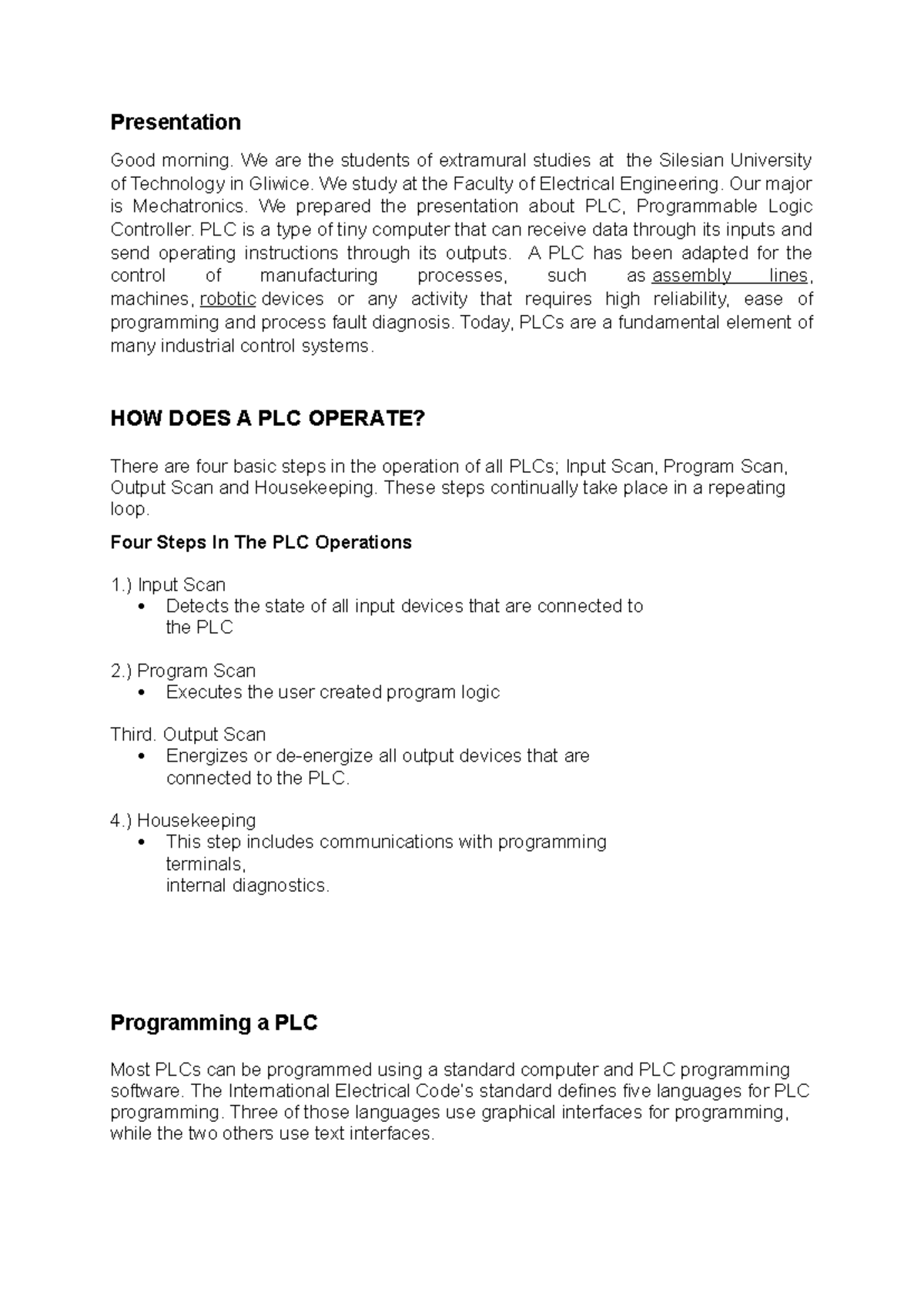 PLC Presentation: Understanding Programmable Logic Controllers - Studocu