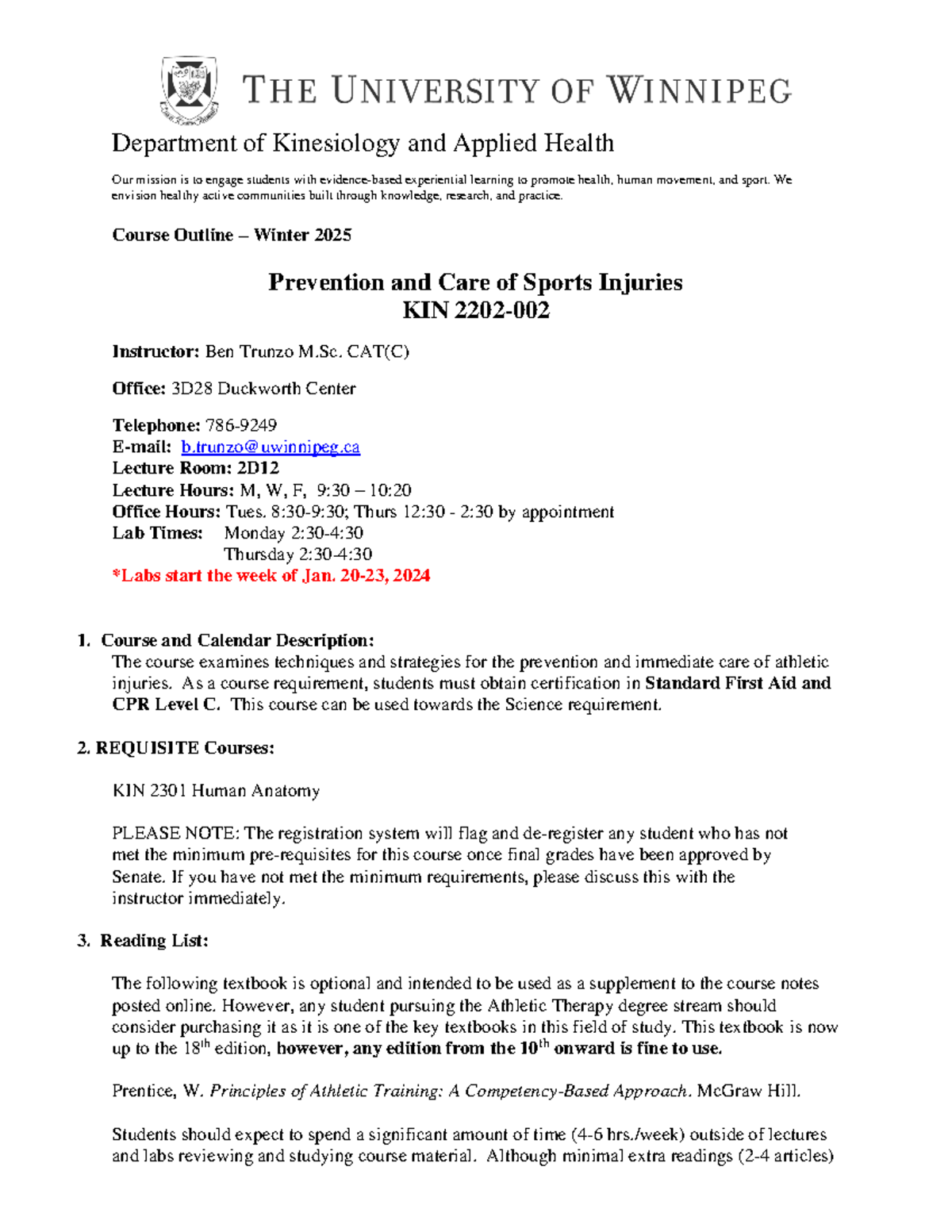 KIN 2202 Prevention and Care of Sports Injuries Outline - Winter 2025 ...