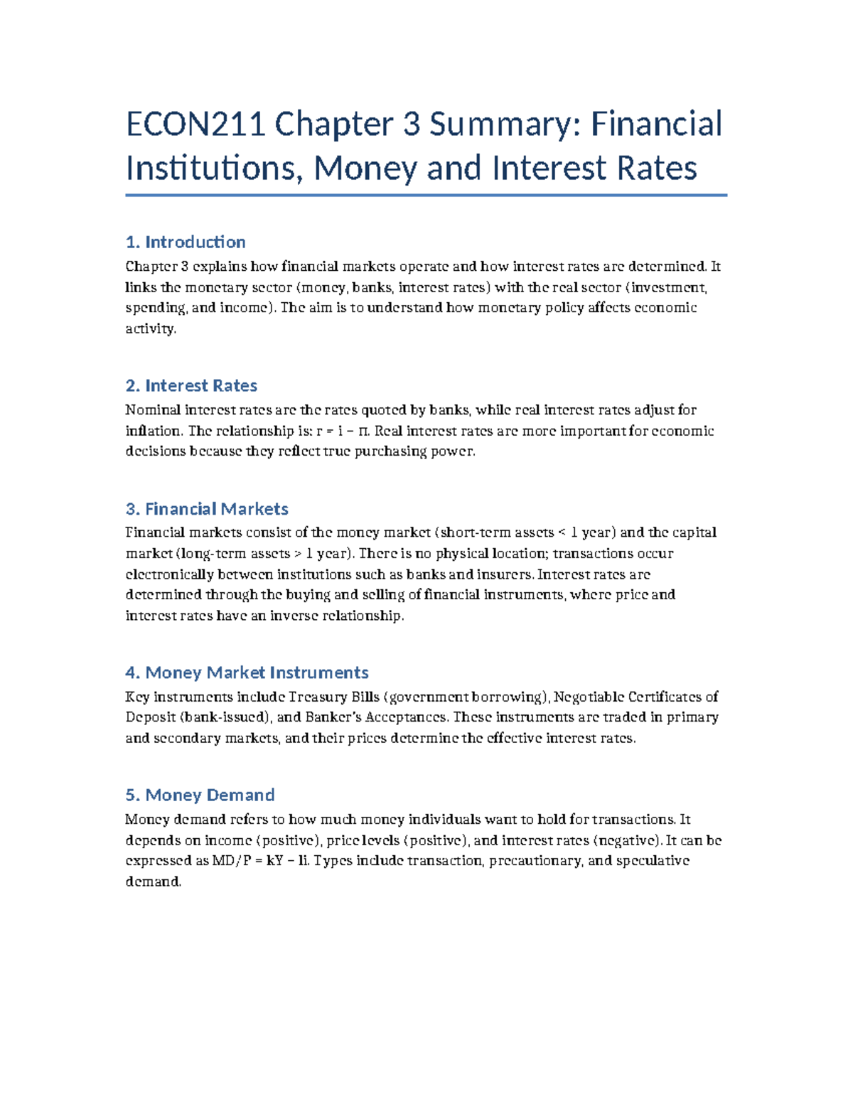 ECON211 Chapter 3 Summary: Financial Markets and Interest Rates - Studocu