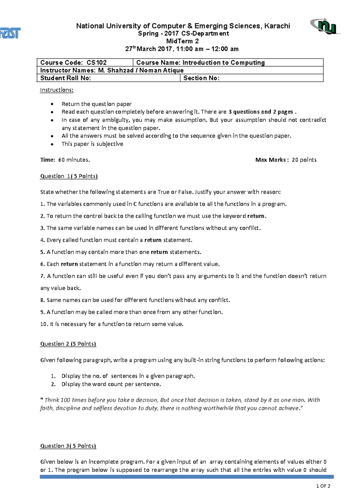 CS102 Spring 2017 MidTerm 2 Question Paper - Introduction to Computing ...