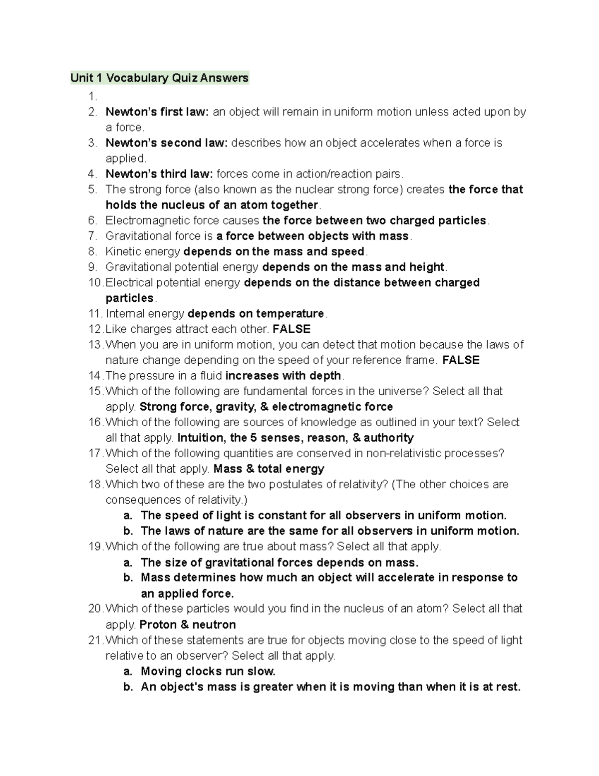 PHY S 100 - Unit 1 Vocabulary Quiz & Practice Exam Answers - Studocu