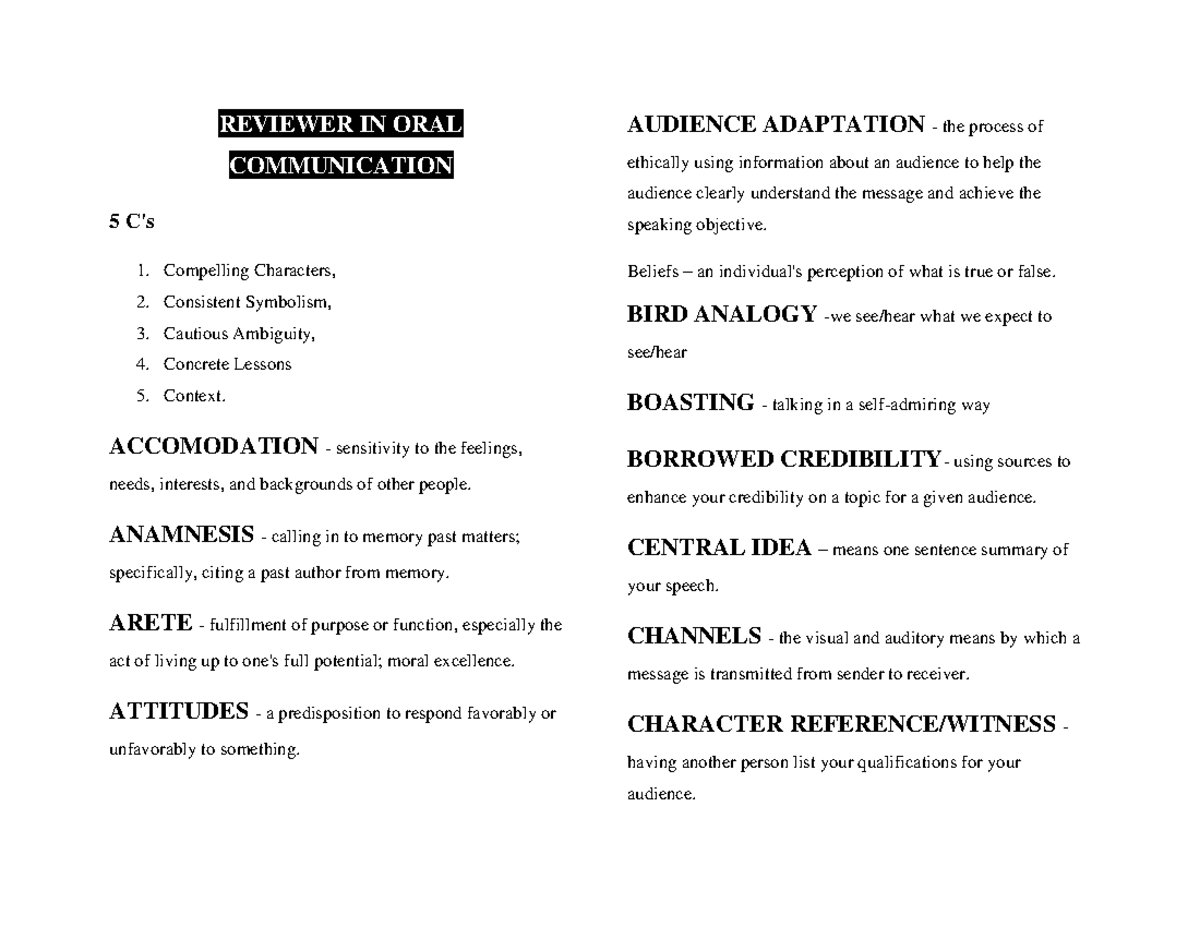 Reviewer for ORAL Communication: Key Concepts and Strategies - Studocu