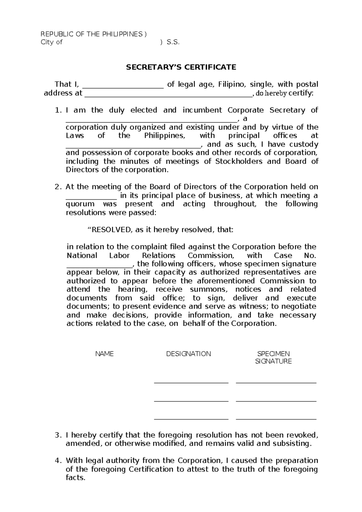SEC CERT Labor Case Sample Template for Corporate Secretary - Studocu