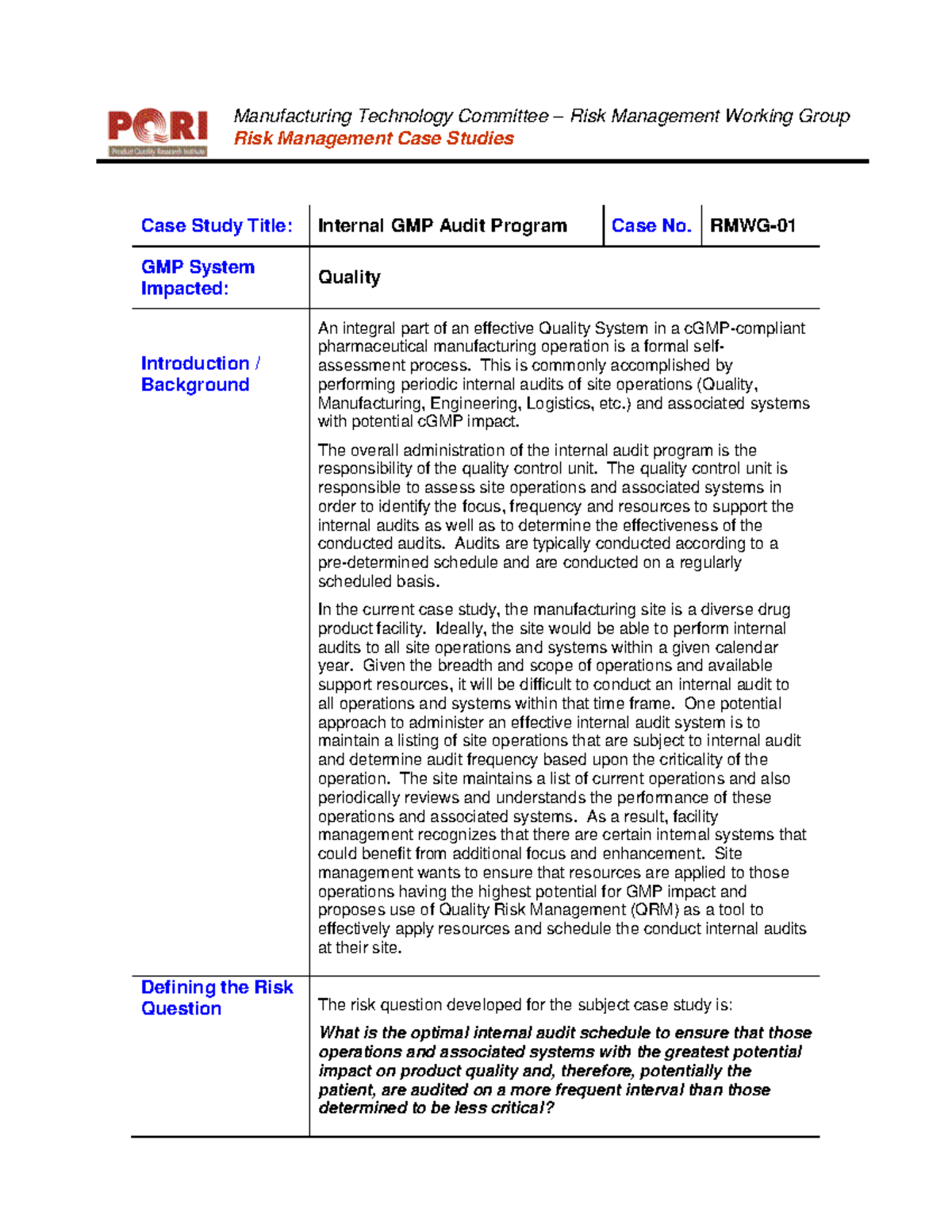 Case Study RMWG-01: Internal GMP Audit Program Analysis and Insights ...