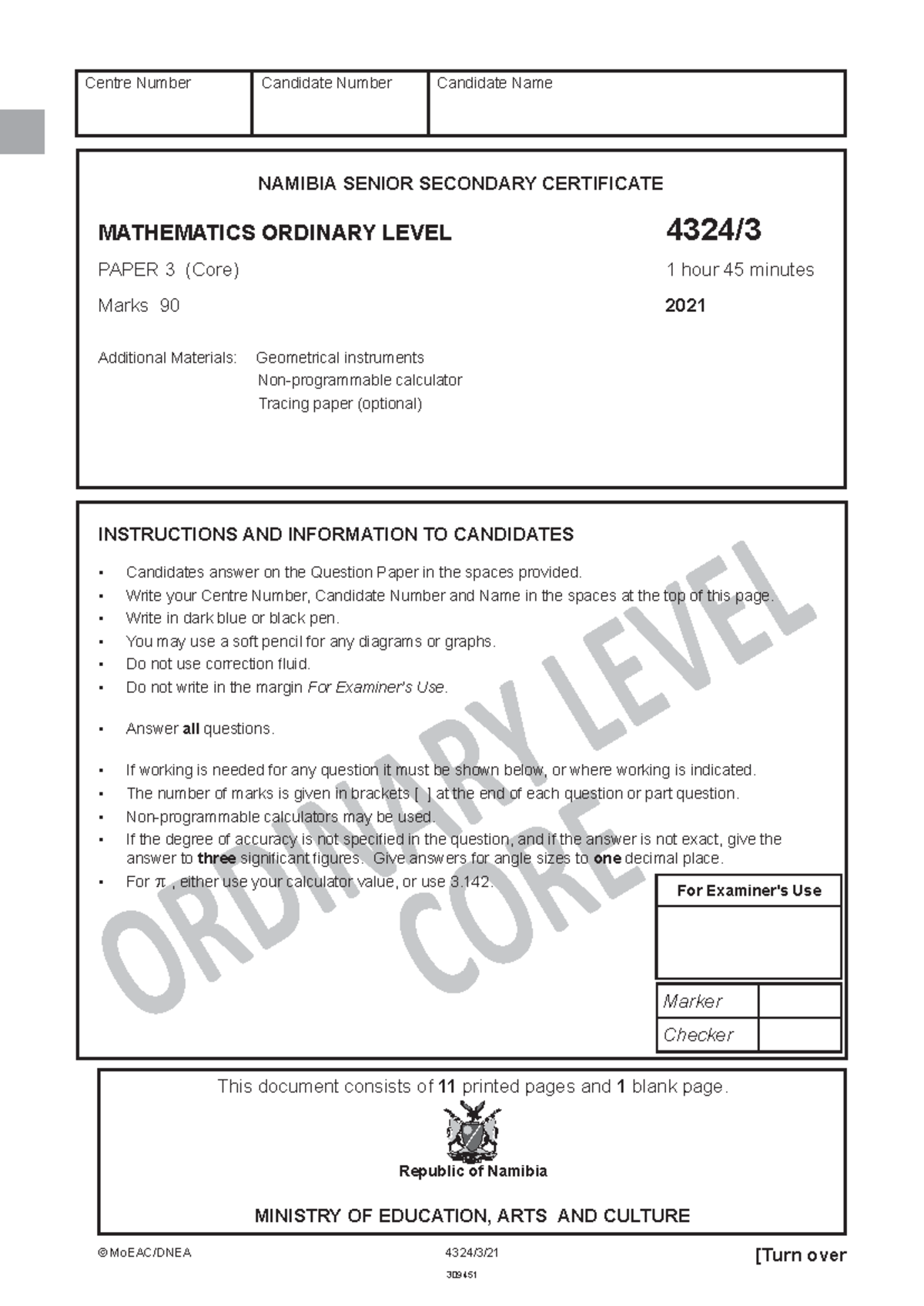 Ordinary Level Mathematics Paper 3 (4324) - 2021 Exam - Studocu
