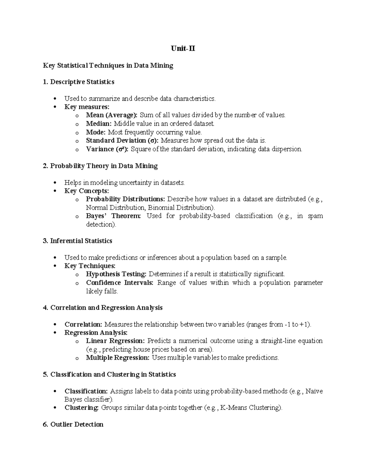 Data Mining Unit II - Useful for students - Unit-II Key Statistical ...