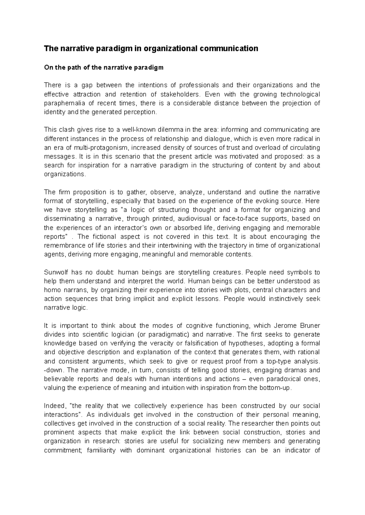 Exploring the Narrative Paradigm in Organizational Communication - Studocu