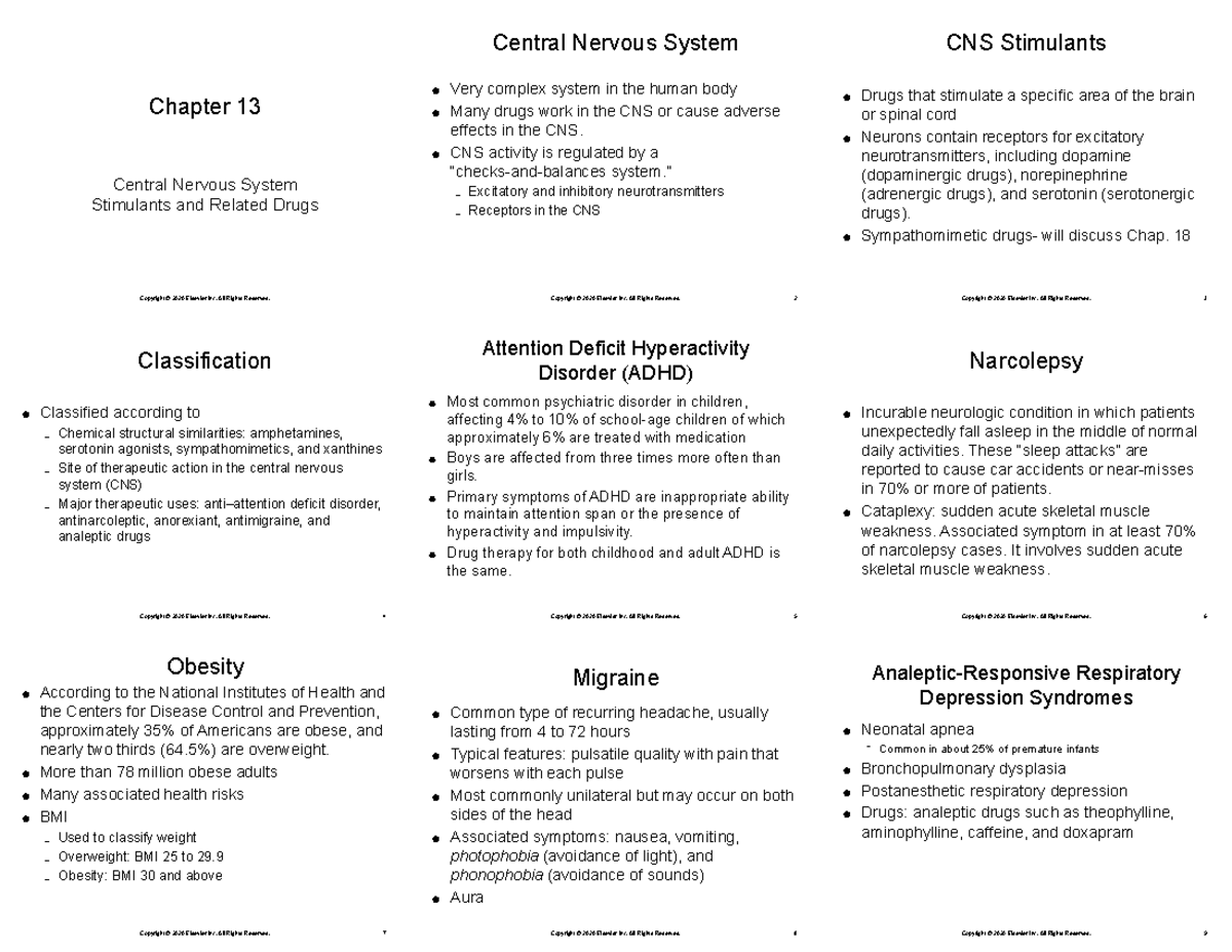 CNS Stimulants &amp; Drugs for ADHD, Narcolepsy, &amp; Migraines: Chapter 13 - Studocu