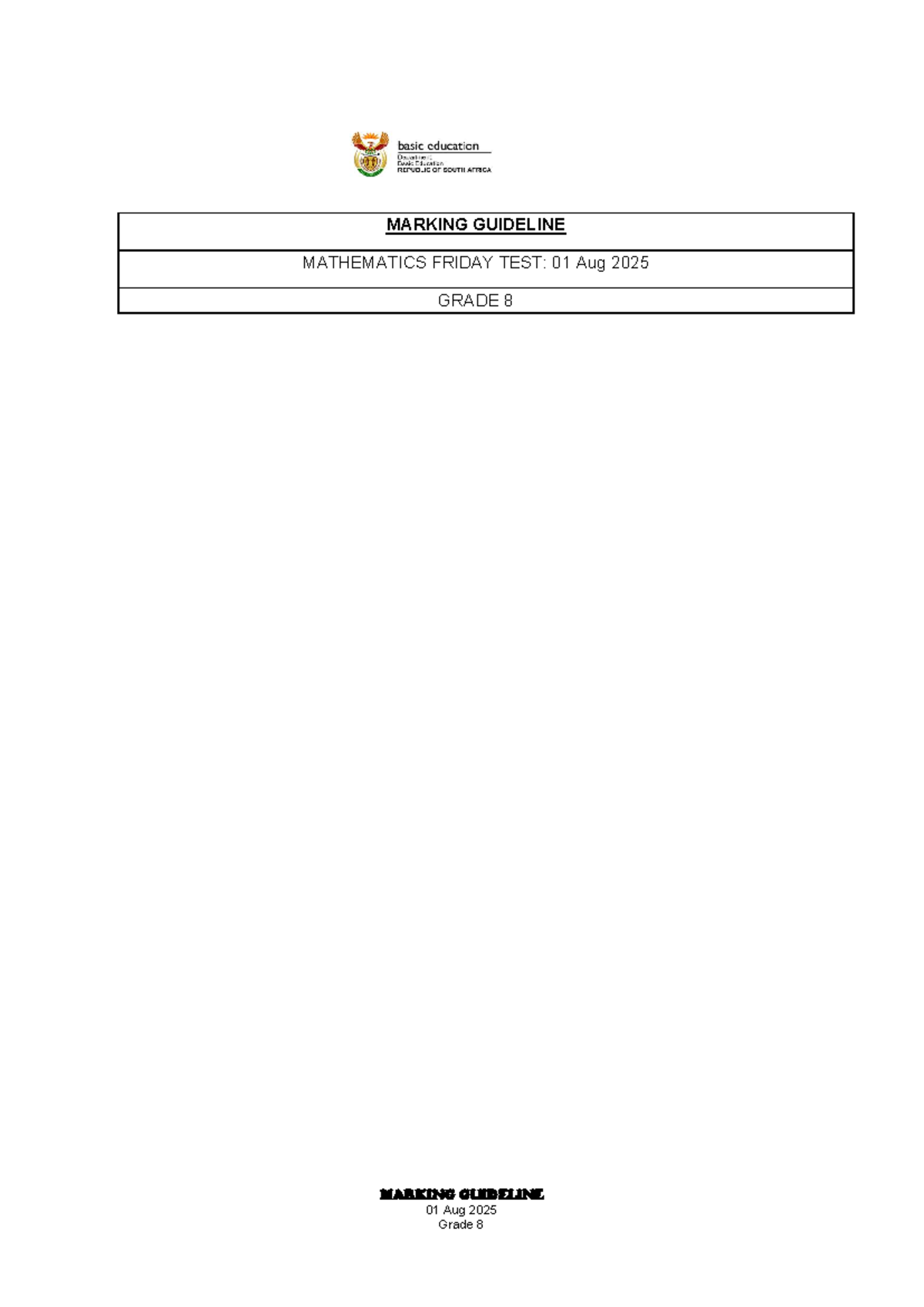 Grade 8 Mathematics Marking Guideline: Friday Test 01 Aug 2025 - Studocu