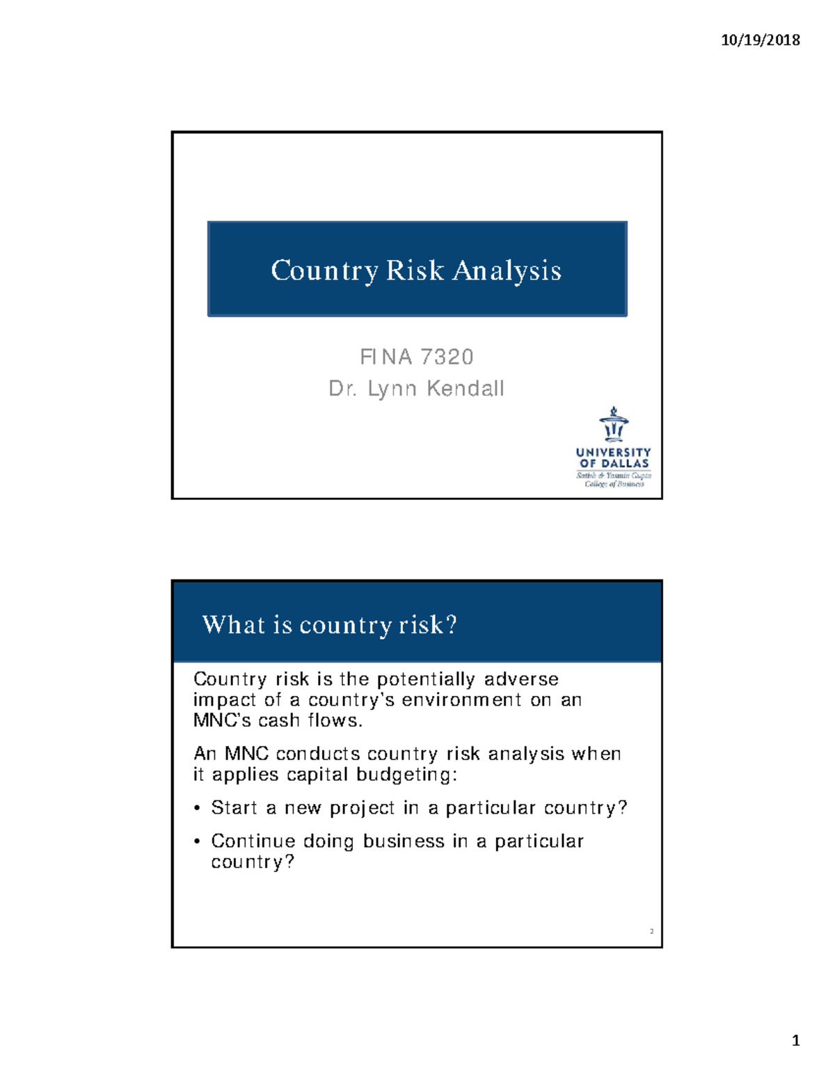 10-country risk lecture - Country Risk Analysis FINA 7320 Dr. Lynn ...