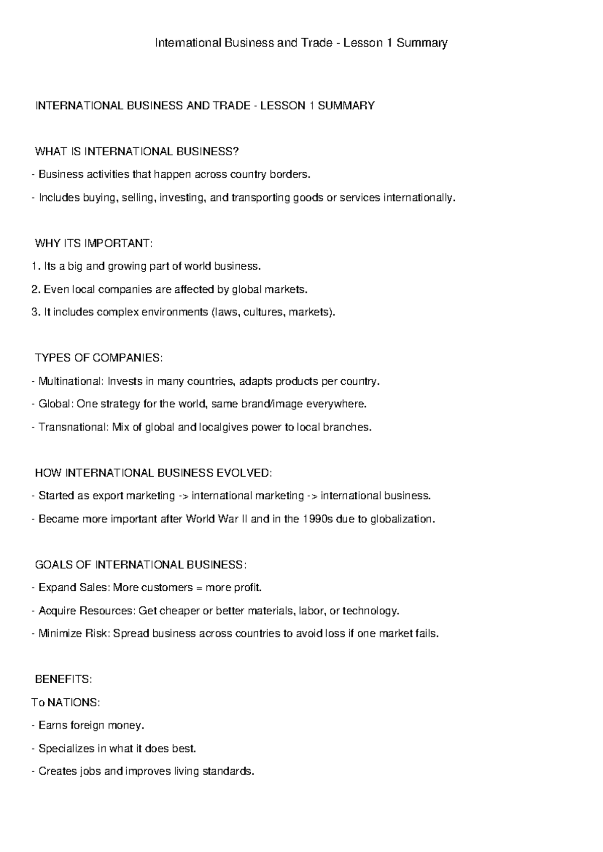 BSA International Business & Trade Lesson 1 Summary Notes - Studocu