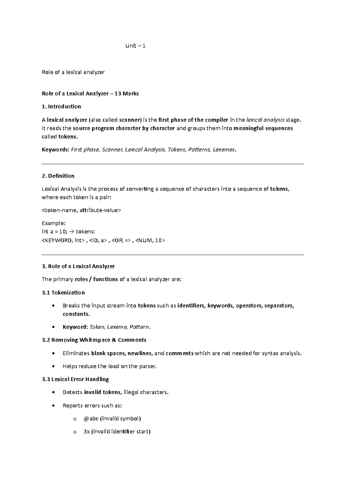 Compiler Design - Lecture Notes: Role of Lexical Analyzer and Phases ...