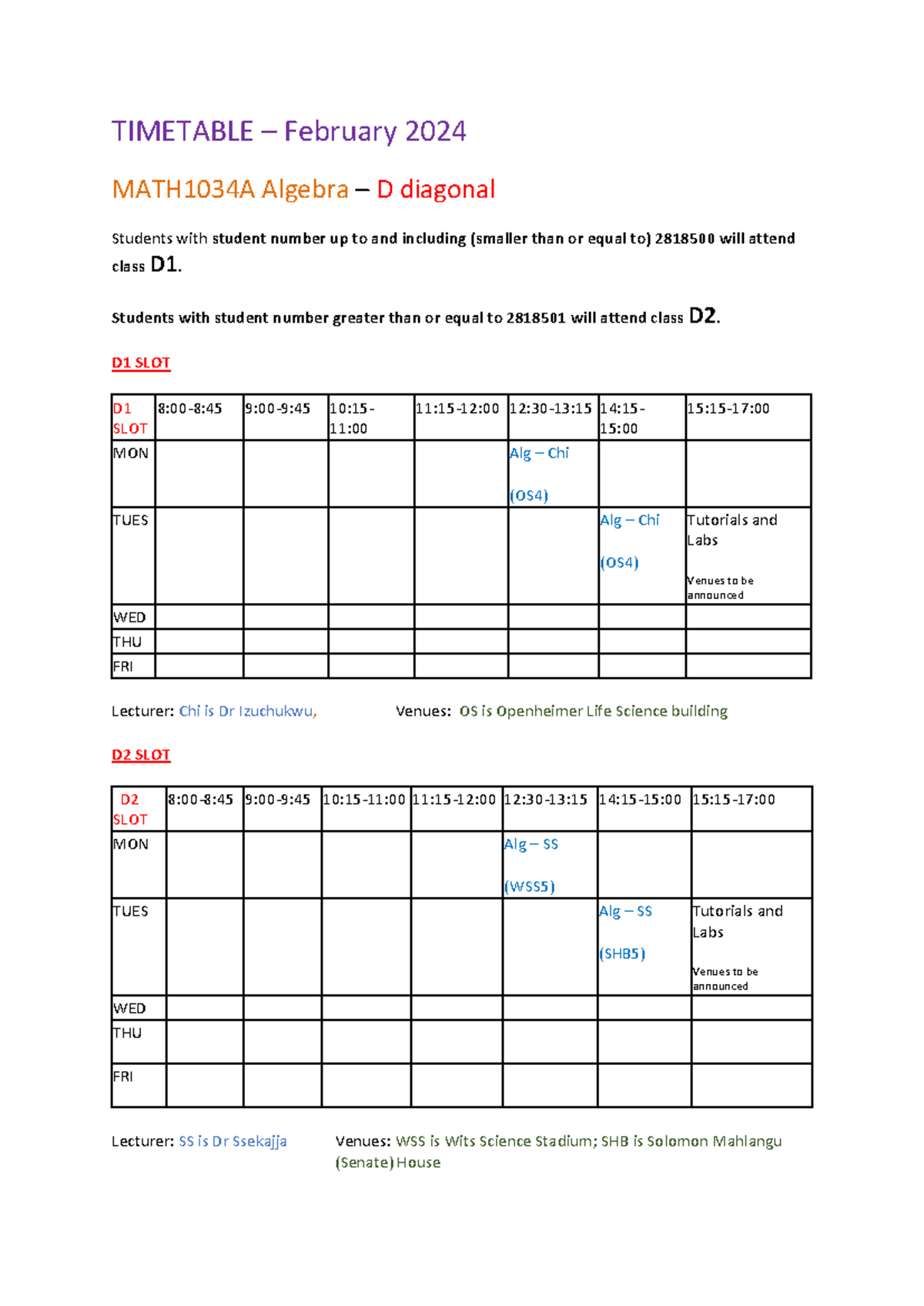 Timetable SEM1 MATH1034 2024 v1 - TIMETABLE – February 2024 MATH1034A ...