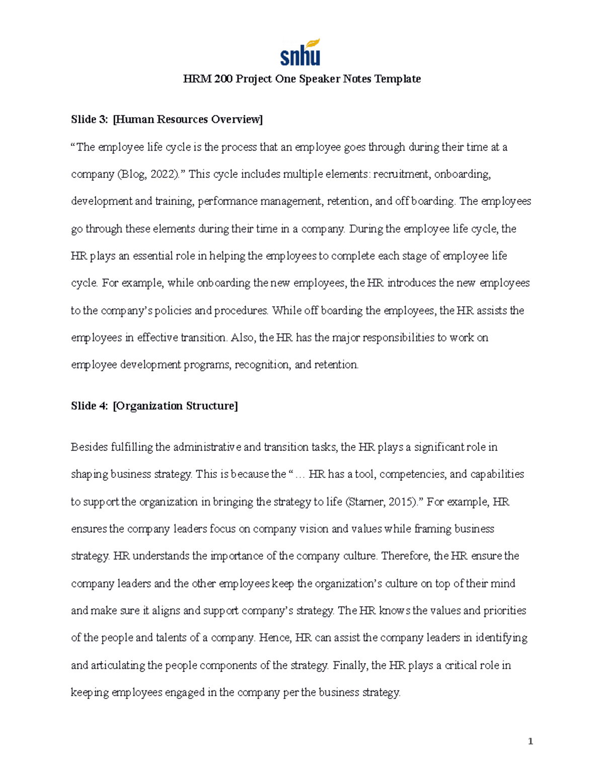 HRM 200 Milestone One - Speaker Notes Template for Project One - Studocu